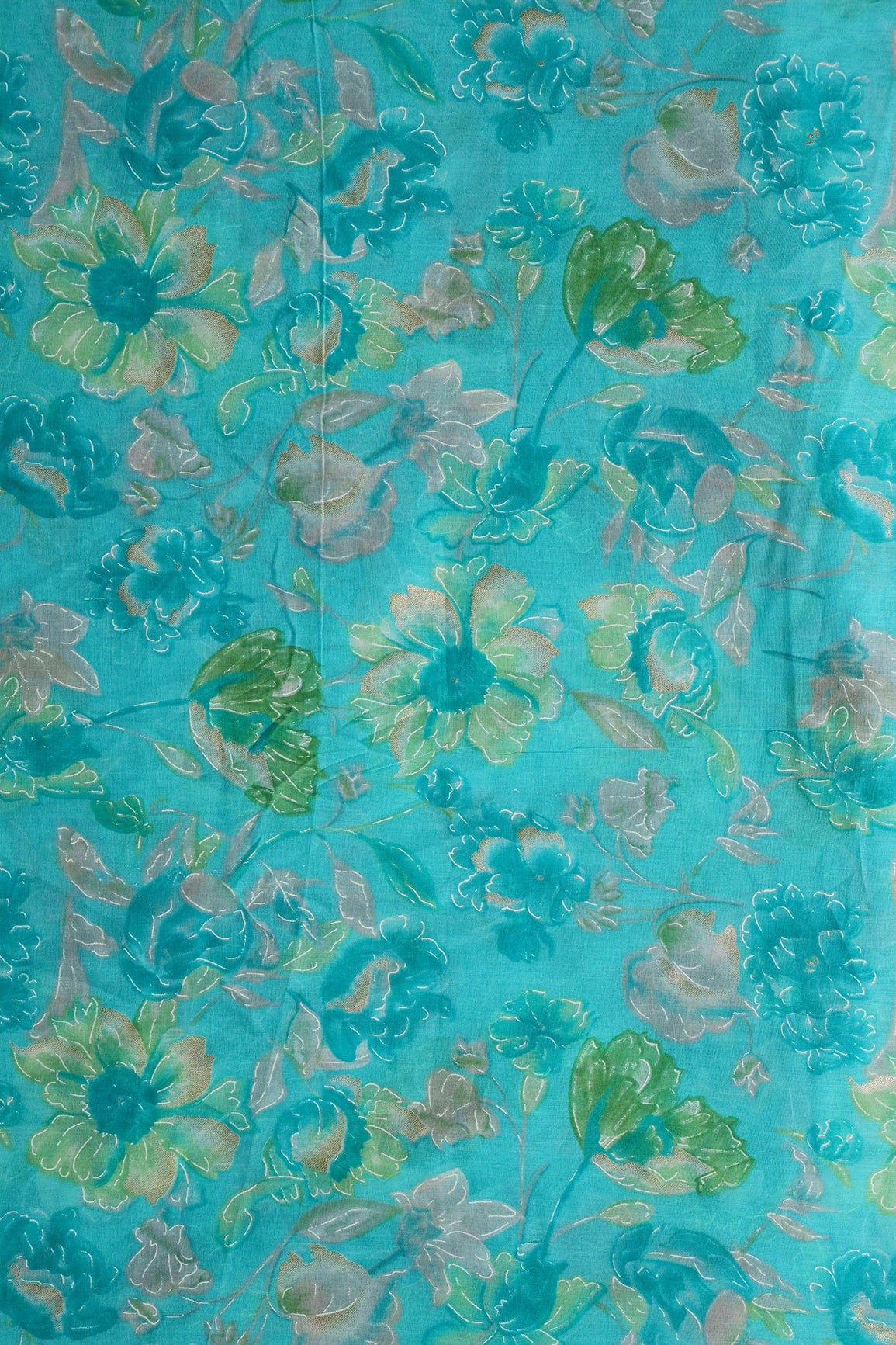 doeraa Prints Olive And Grey Floral Foil Print On Sky Blue Pure Mul Cotton Fabric