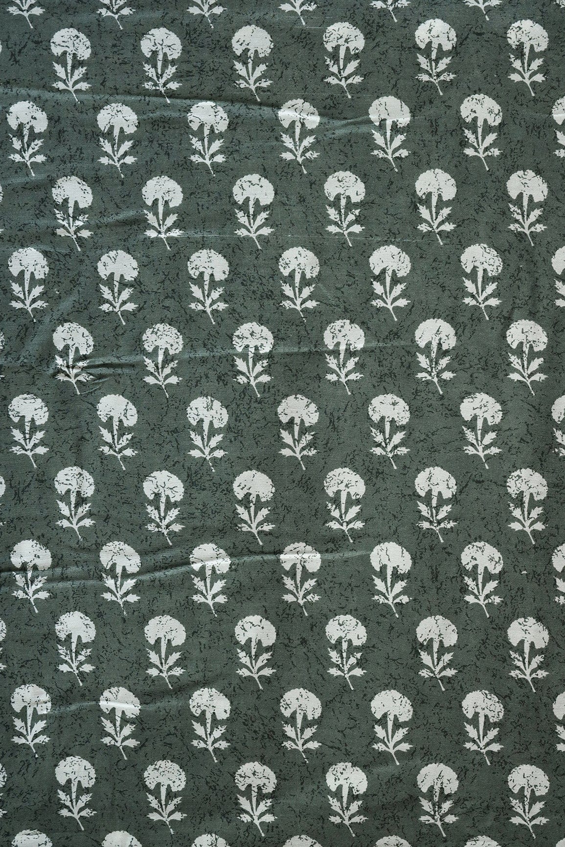 doeraa Prints Olive And White Small Floral Pattern Screen Print On Pure Muslin Silk Fabric