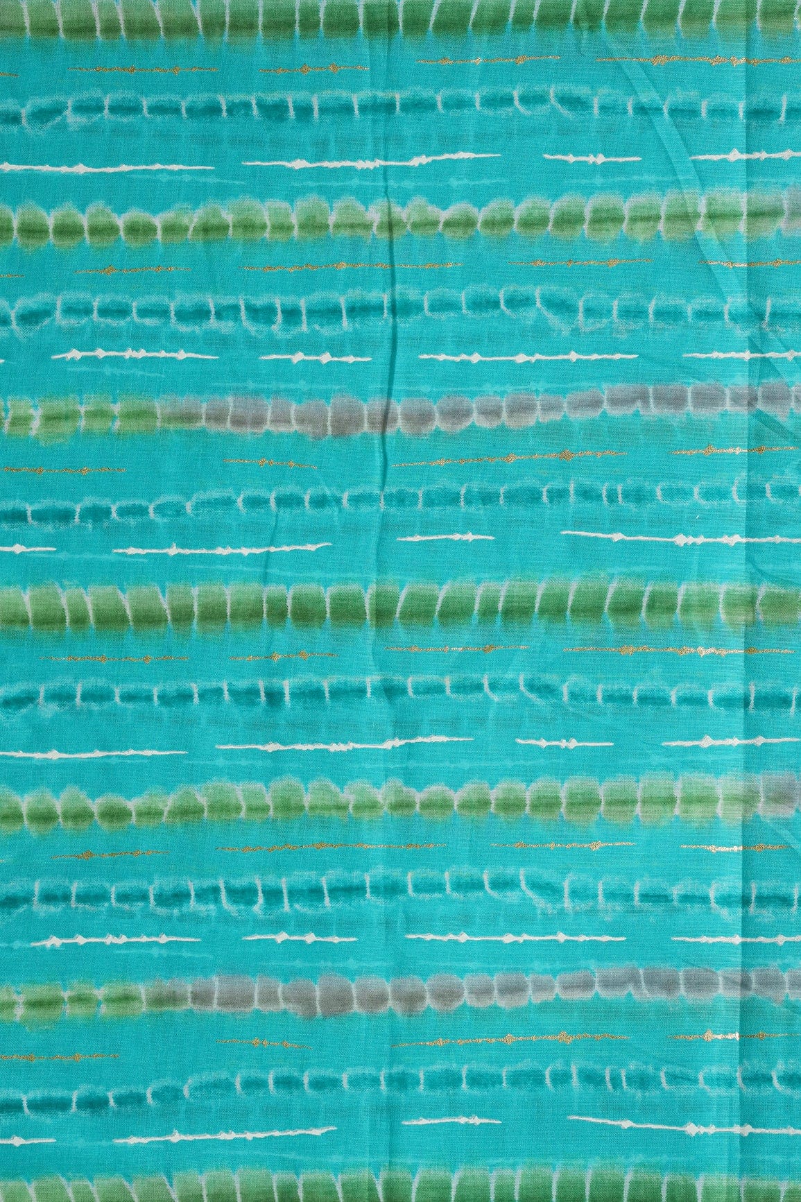 doeraa Prints Olive Green And Grey Stripes Pattern With Foil Print On Turquoise Blue Pure Mul Cotton Fabric