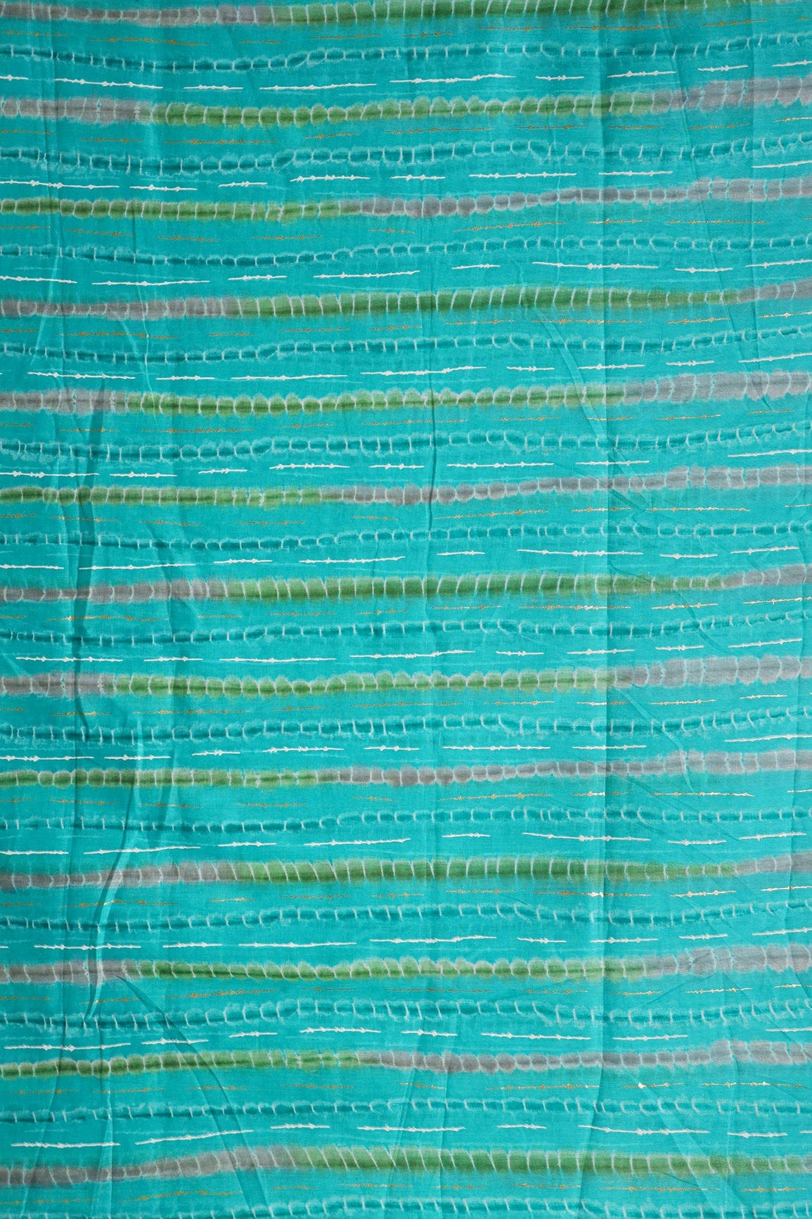 doeraa Prints Olive Green And Grey Stripes Pattern With Foil Print On Turquoise Blue Pure Mul Cotton Fabric