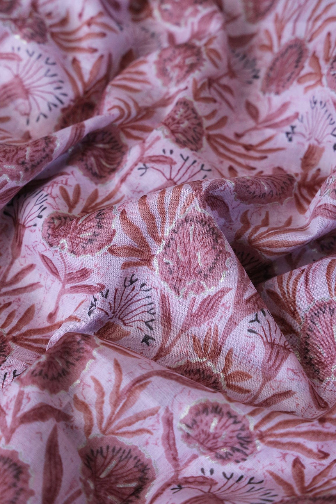 doeraa Prints Onion Pink Floral Foil Print On Pastel Pink Pure Mul Cotton Fabric