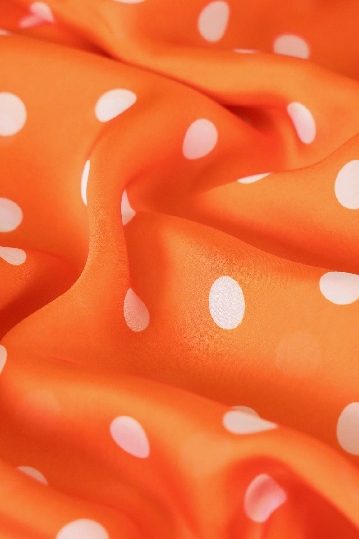 doeraa Prints Orange And White Polka Dots Pattern Digital Print On Georgette Satin Fabric
