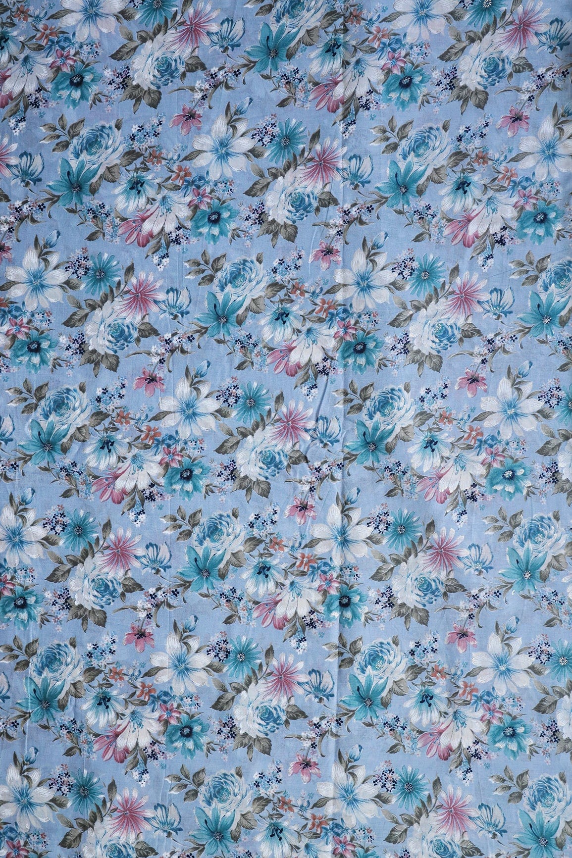 doeraa Prints Pastel Blue And White Color Floral Foil Print On Pure Mul Cotton Fabric