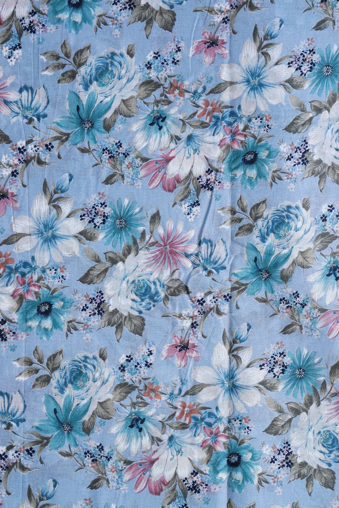 Pastel Blue And White Color Floral Foil Print On Pure Mul Cotton Fabric
