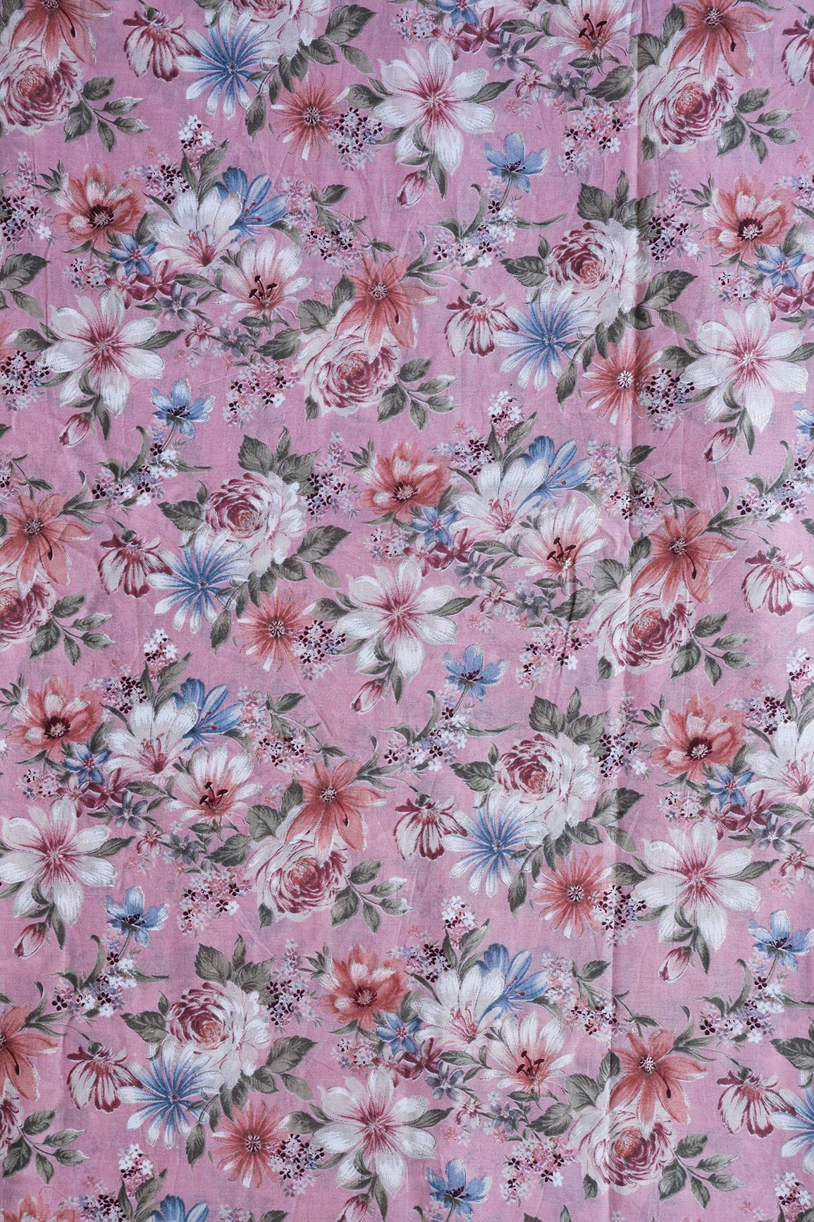 doeraa Prints Pastel Pink And White Color Floral Foil Print On Pure Mul Cotton Fabric