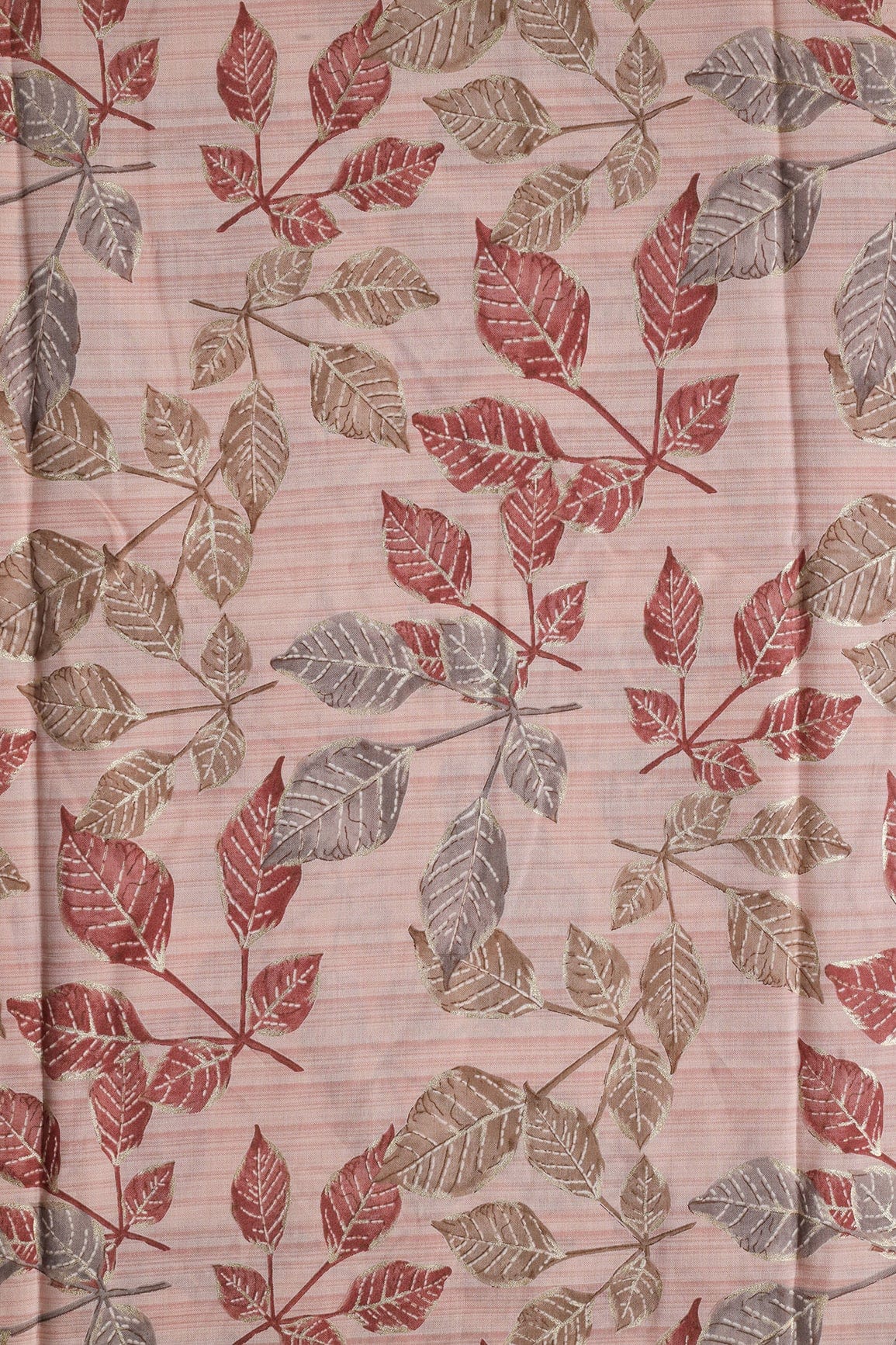 doeraa Prints Peach And Brown Leafy Foil Print On Pure Chanderi Silk Fabric