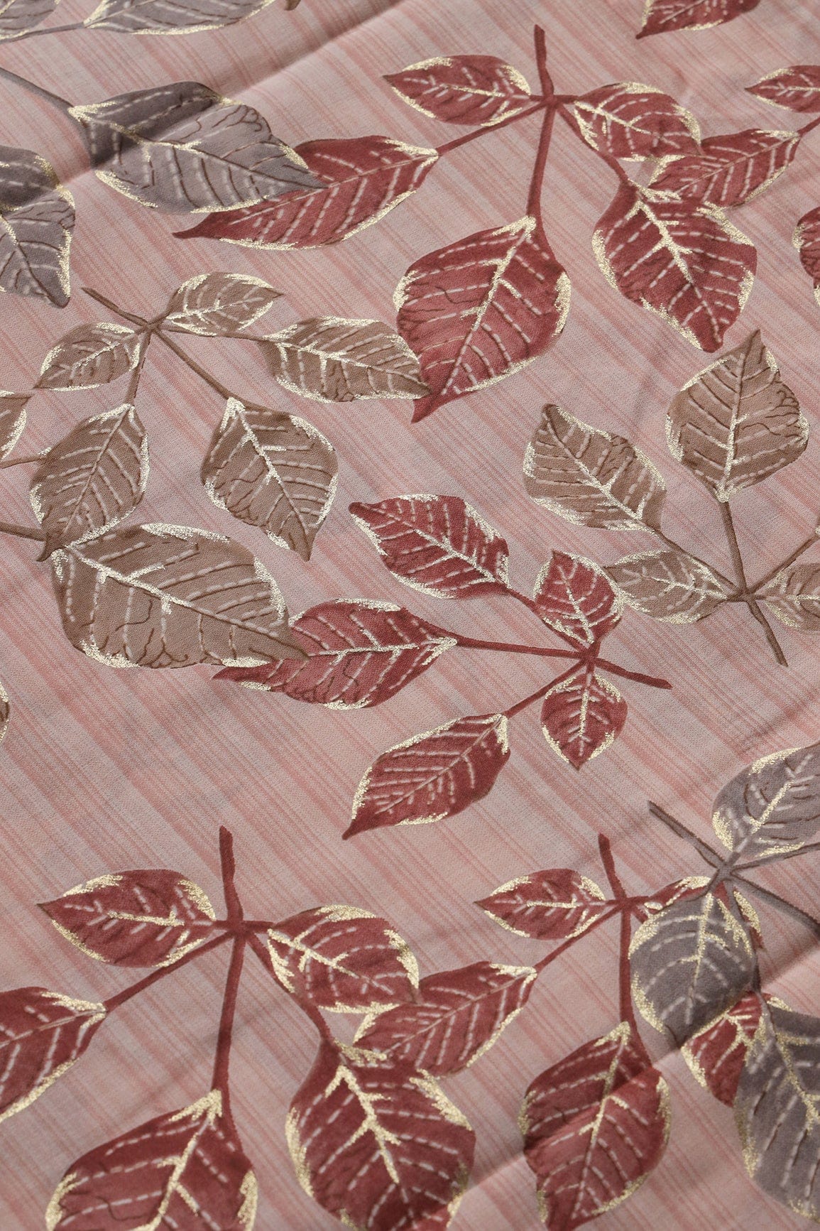 doeraa Prints Peach And Brown Leafy Foil Print On Pure Chanderi Silk Fabric