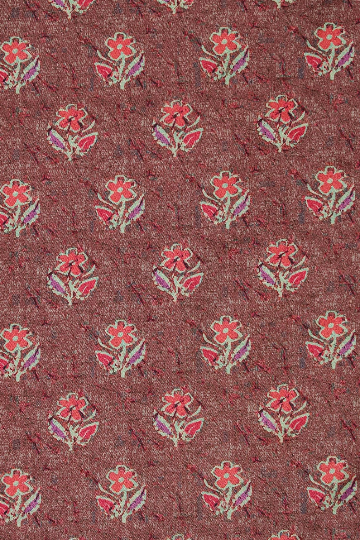 doeraa Prints Peach And Pink Floral Pattern Digital Print On Brown French Crepe Fabric