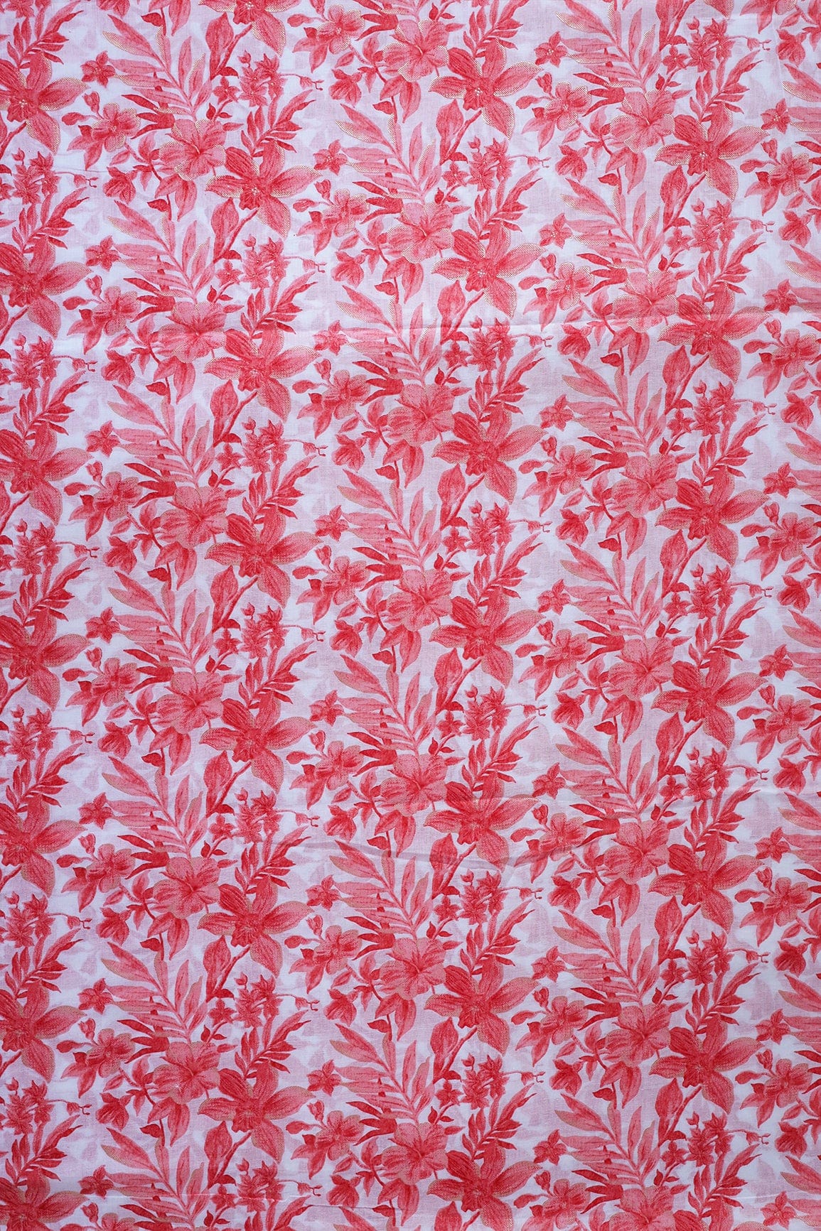 doeraa Prints Peach Floral With Foil Print On White Pure Mul Cotton Fabric