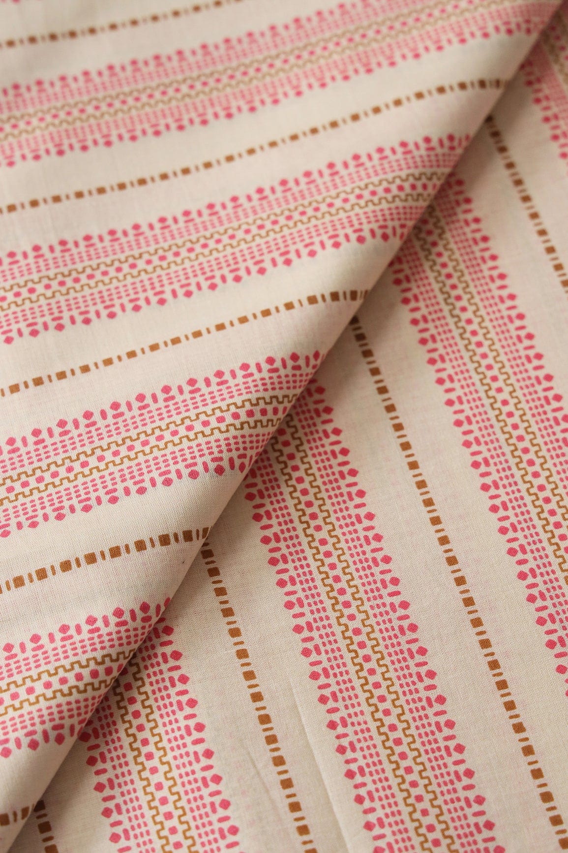 doeraa Prints Pink And Brown Stripes On Light Beige Pure Cotton Fabric