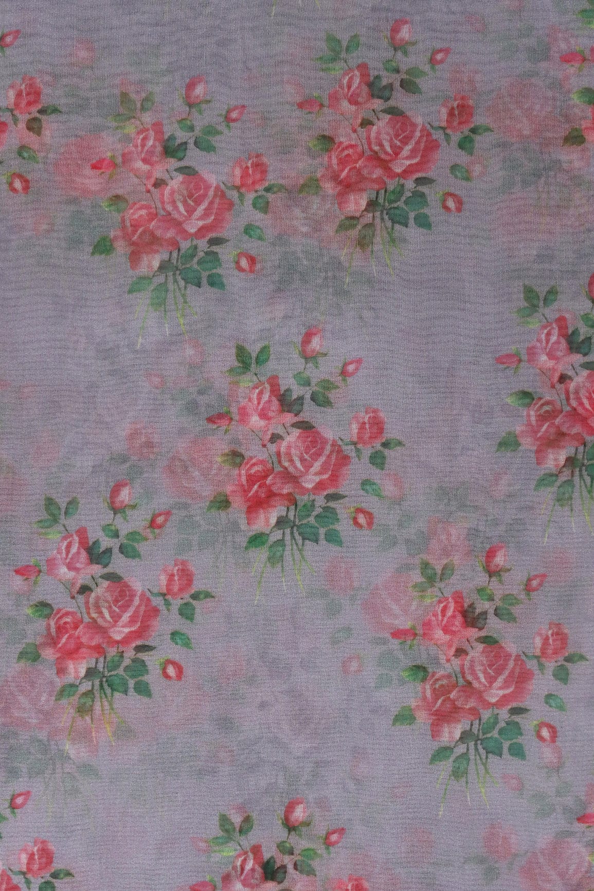 doeraa Prints Pink And Green Beautiful Floral Digital Print On Grey Organza Fabric