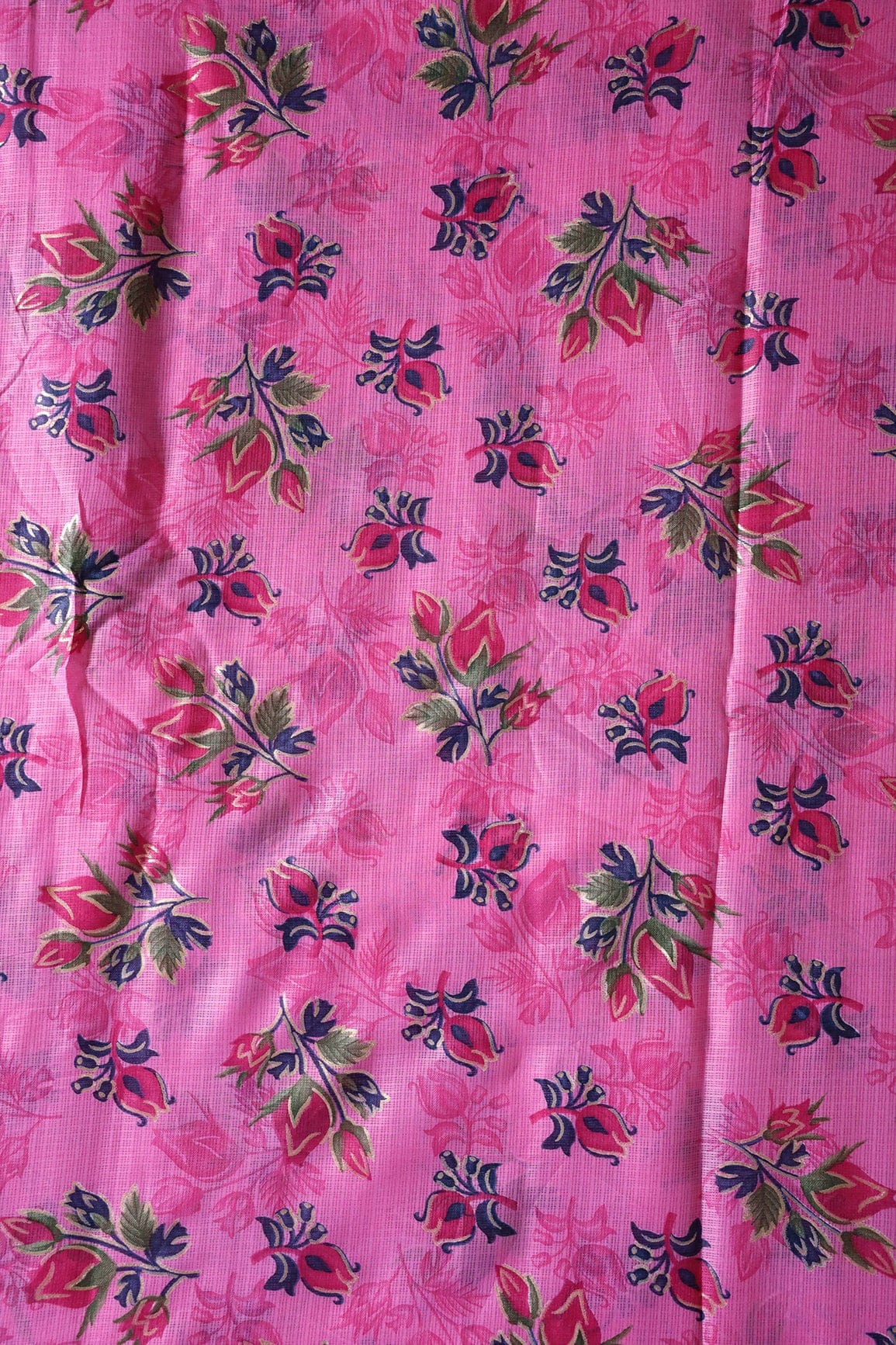 doeraa Prints Pink And Green Floral Pattern Foil Print On Dark Pink Kota Doria Fabric