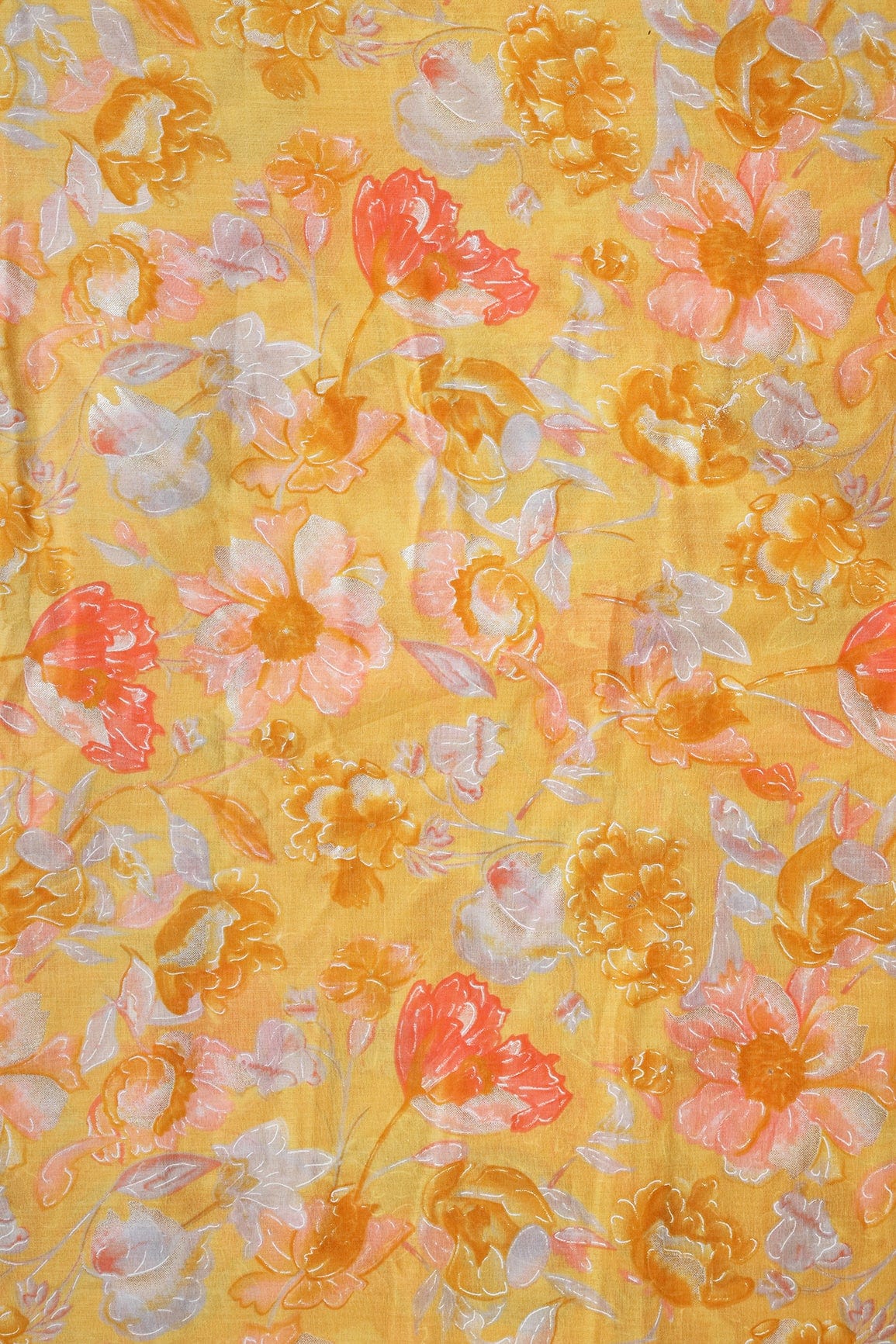 doeraa Prints Pink And Grey Floral Foil Print On Yellow Pure Mul Cotton Fabric