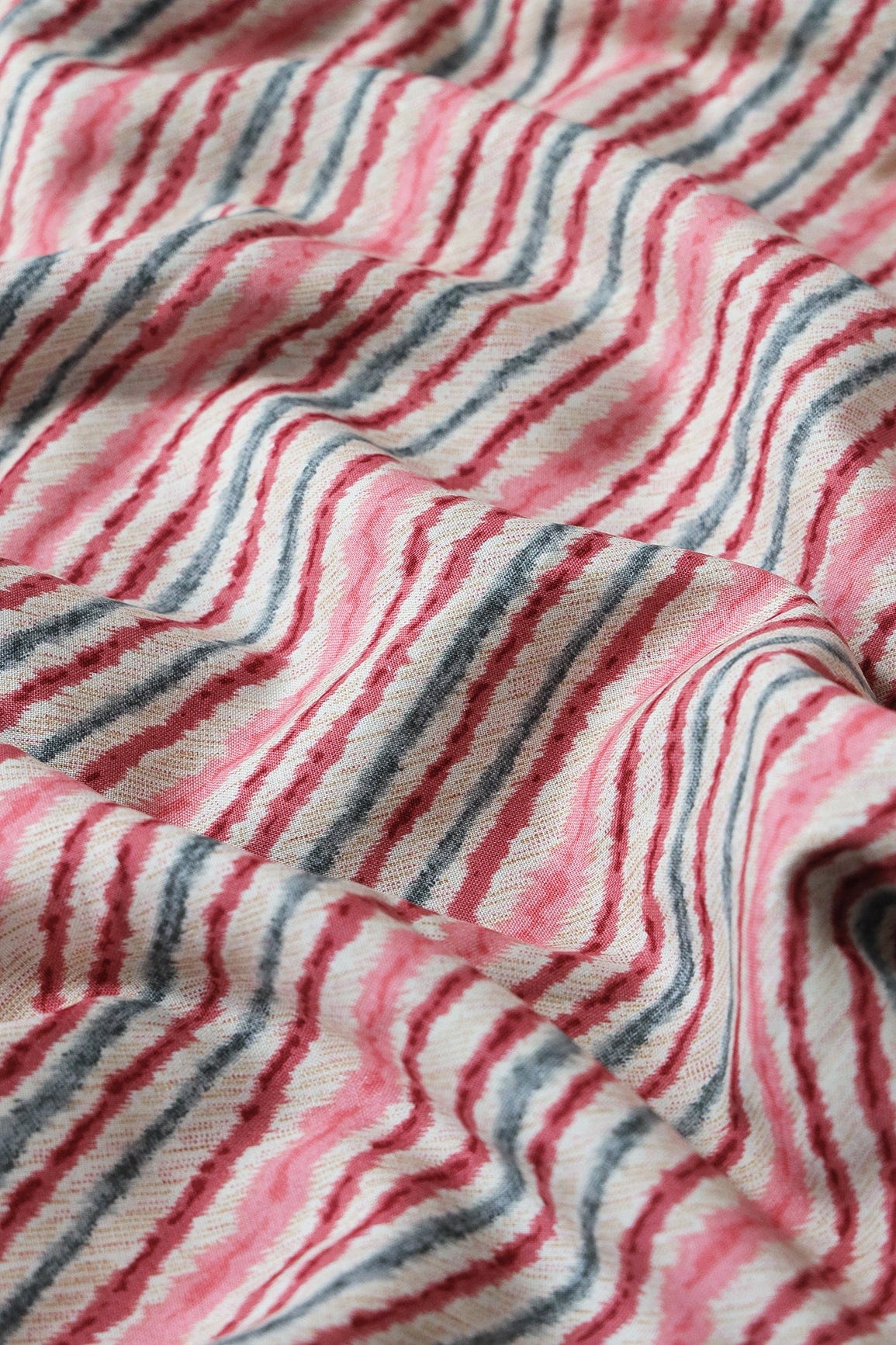 doeraa Prints Pink And Grey Stripes Pattern On Light beige Rayon Fabric