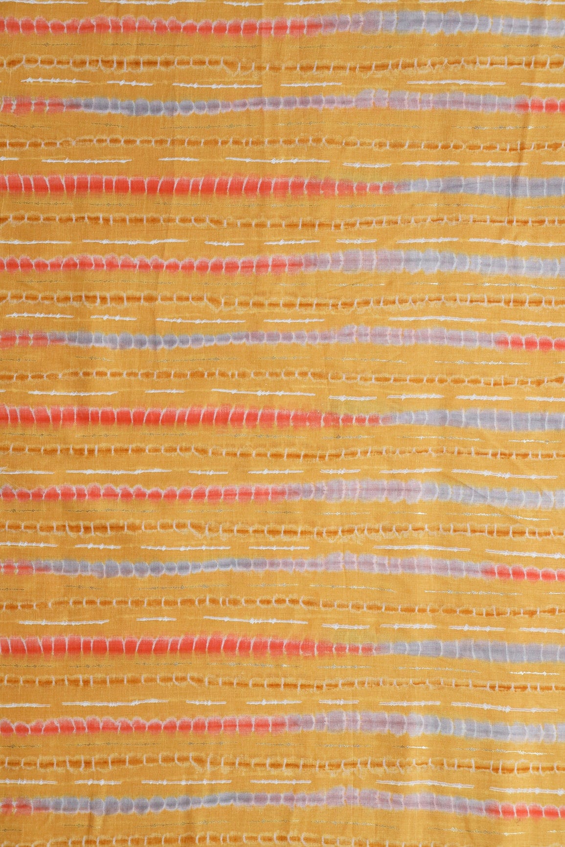 doeraa Prints Pink And Grey Stripes Pattern With Foil Print On Yellow Pure Mul Cotton Fabric