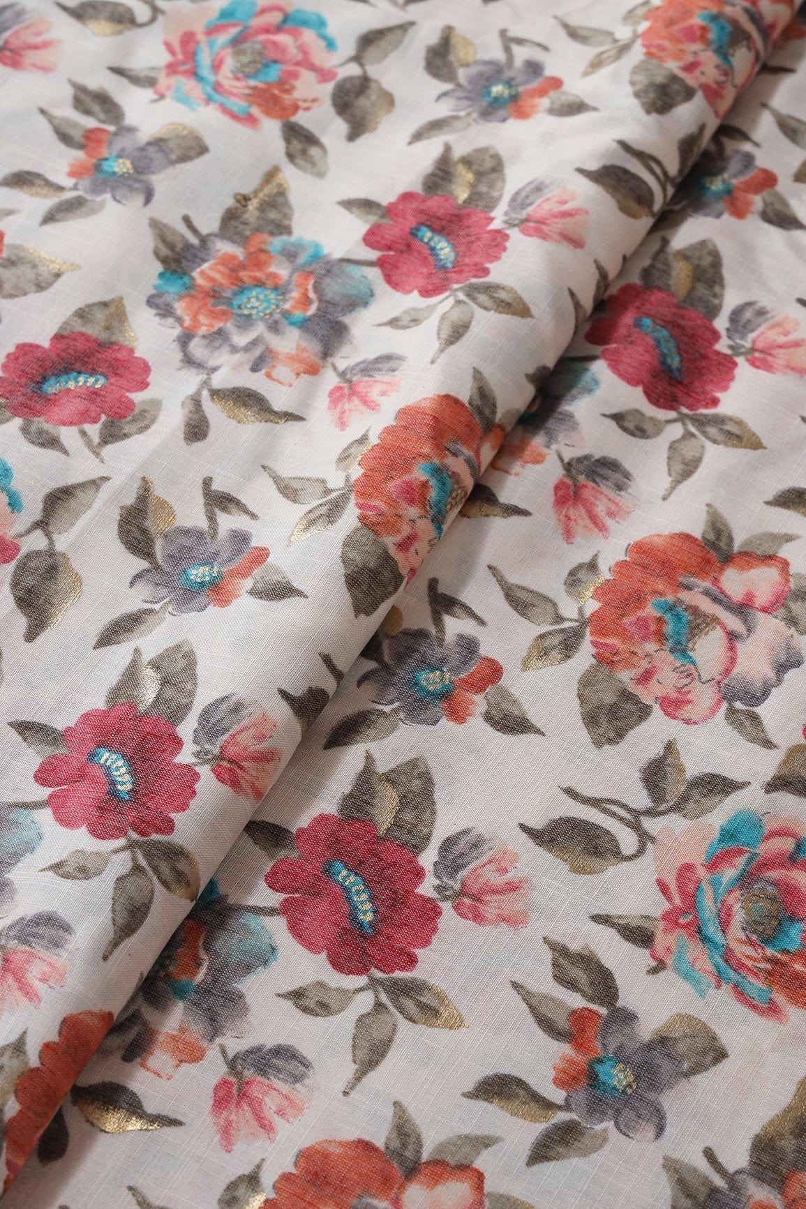doeraa Prints Pink And Orange Floral Pattern With Foil Print On Off White Rayon Fabric
