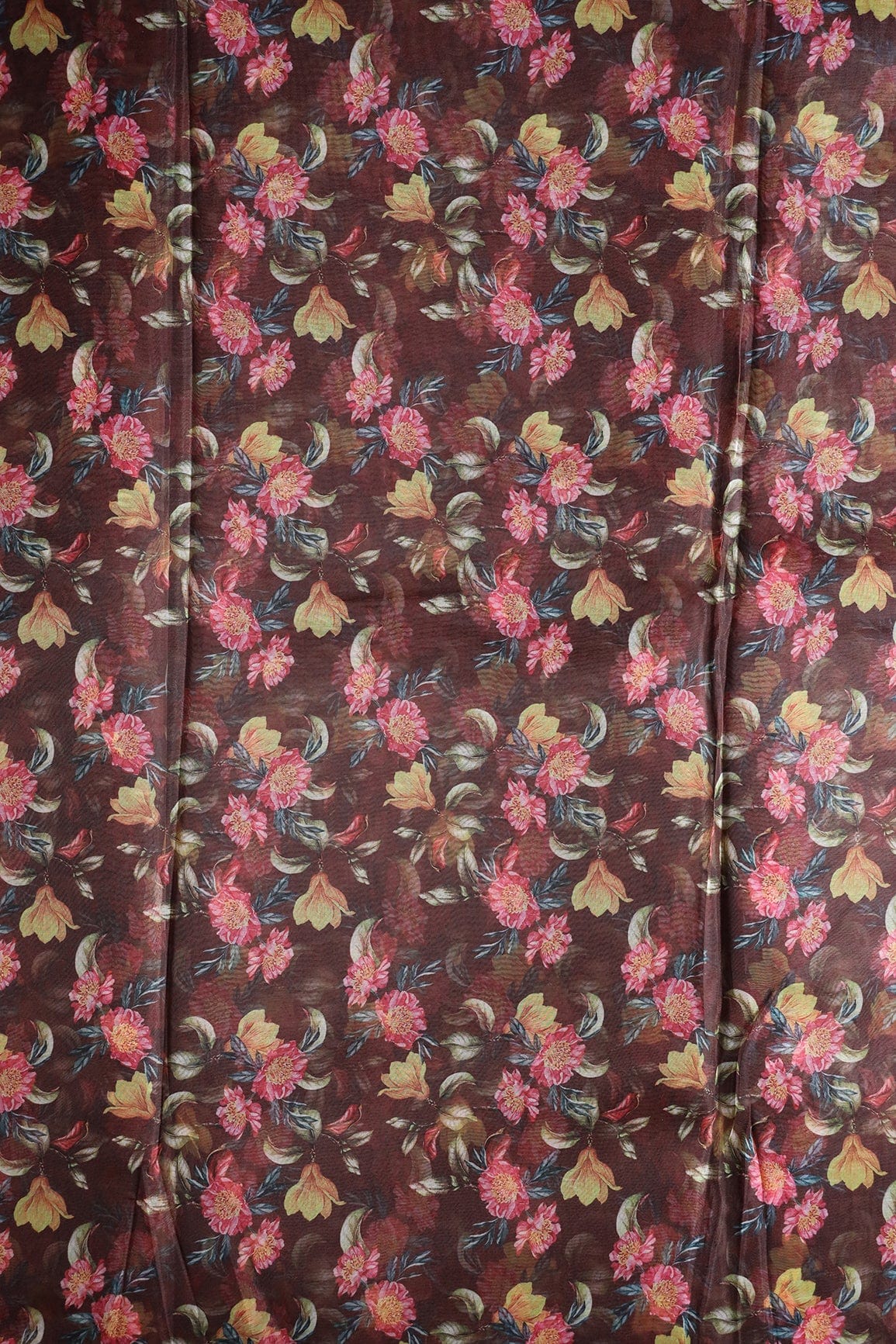 doeraa Prints Pink And Yellow Beautiful Floral Digital Print On Dark Brown Organza Fabric