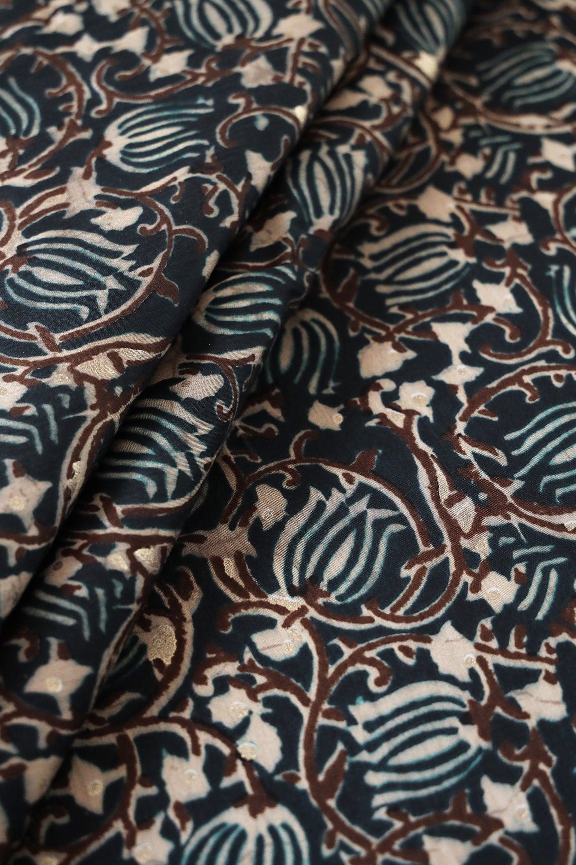 doeraa Prints Prussian Blue Floral Pattern Foil Screen Print On Chanderi Silk Fabric