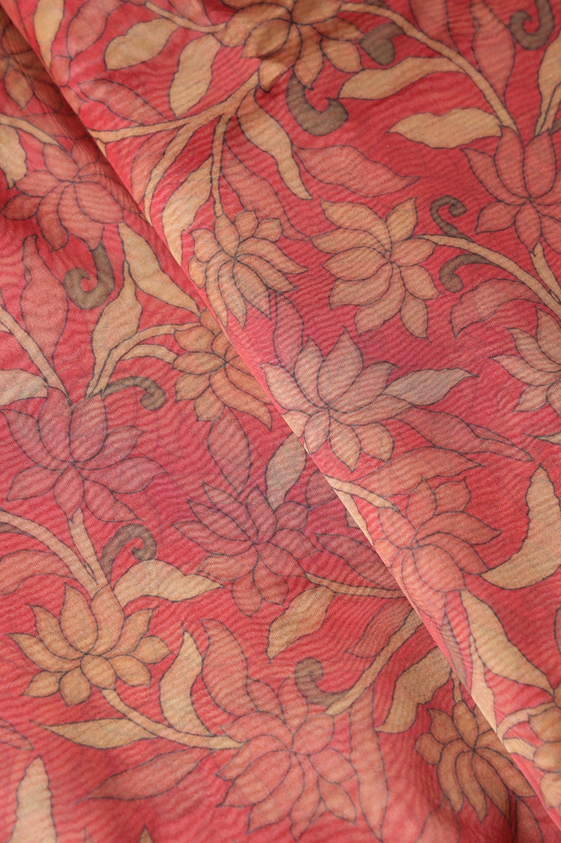 doeraa Prints Red And Beige Floral Digital Print On Maroon Organza Fabric