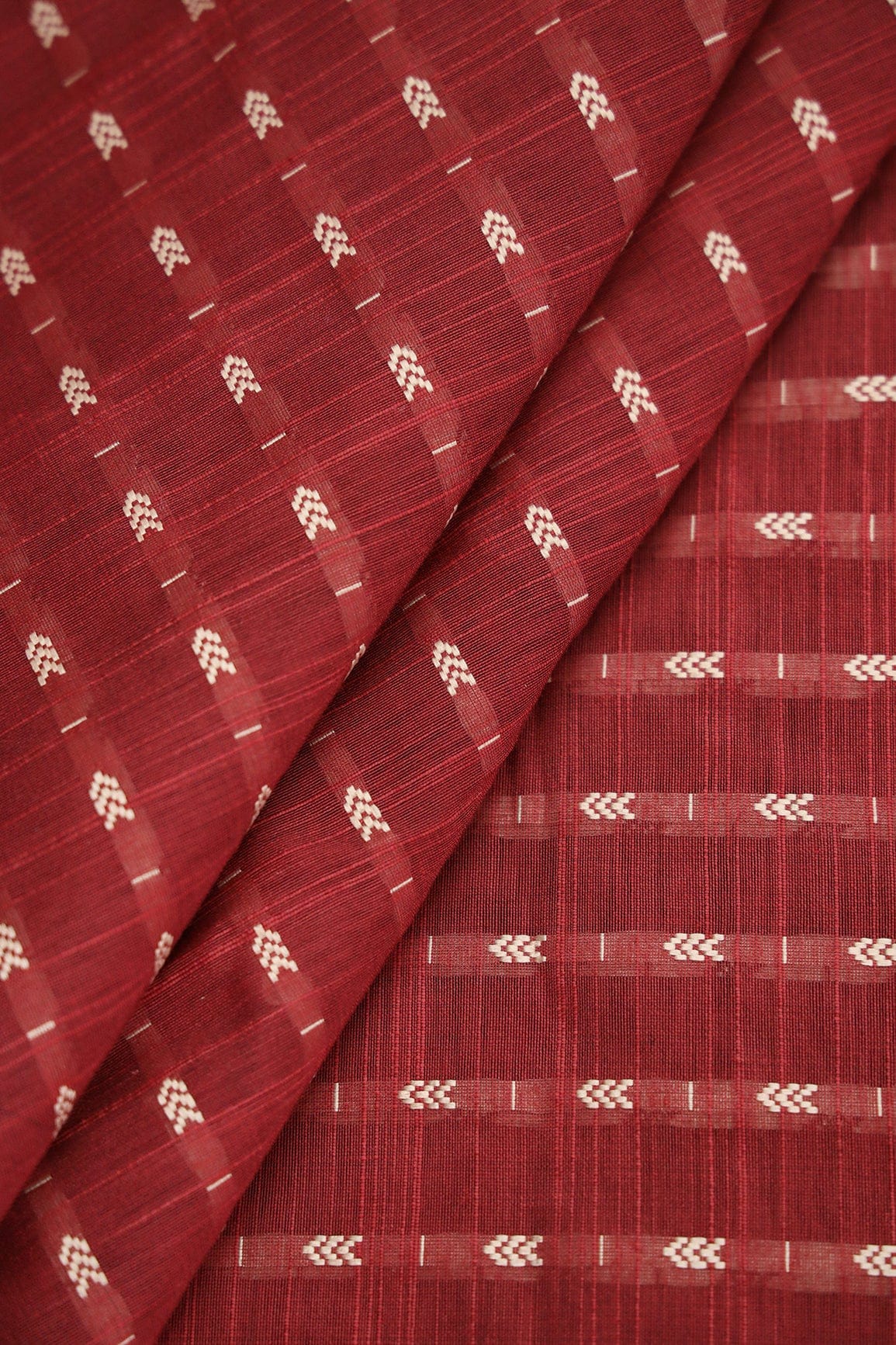 doeraa Prints Red And Beige Geometric Pattern Handwoven Two Tone Chanderi Silk Fabric