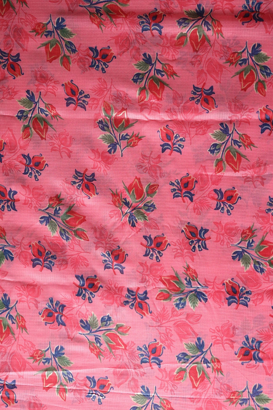 doeraa Prints Red And Green Floral Pattern Foil Print On Gajri Pink Kota Doria Fabric