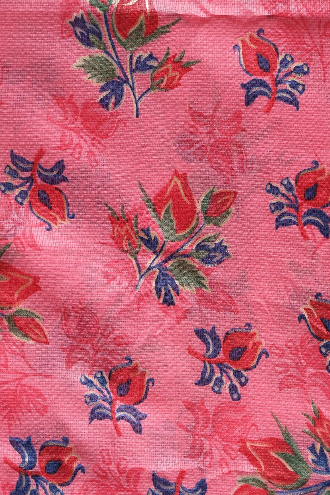 doeraa Prints Red And Green Floral Pattern Foil Print On Gajri Pink Kota Doria Fabric
