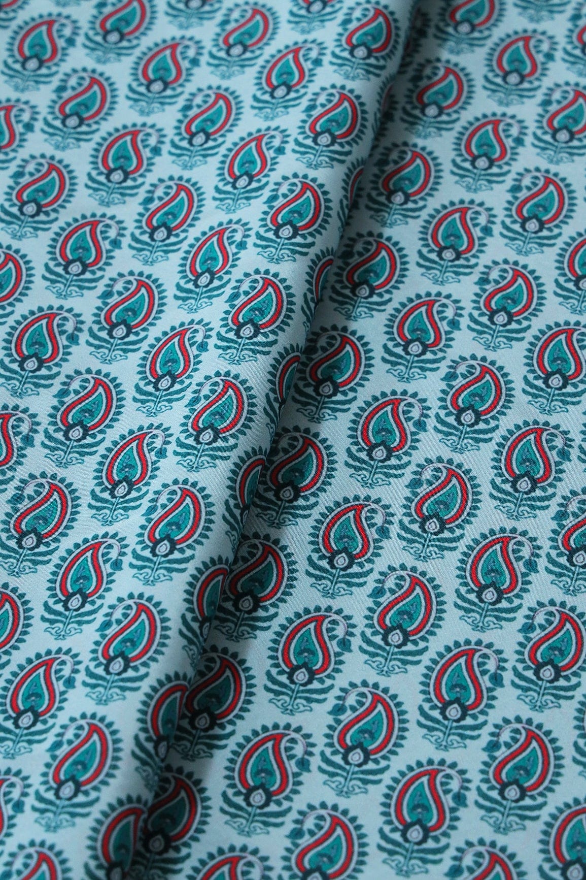 doeraa Prints Red And Green Paisley Pattern Digital Print On Light Blue French Crepe Fabric