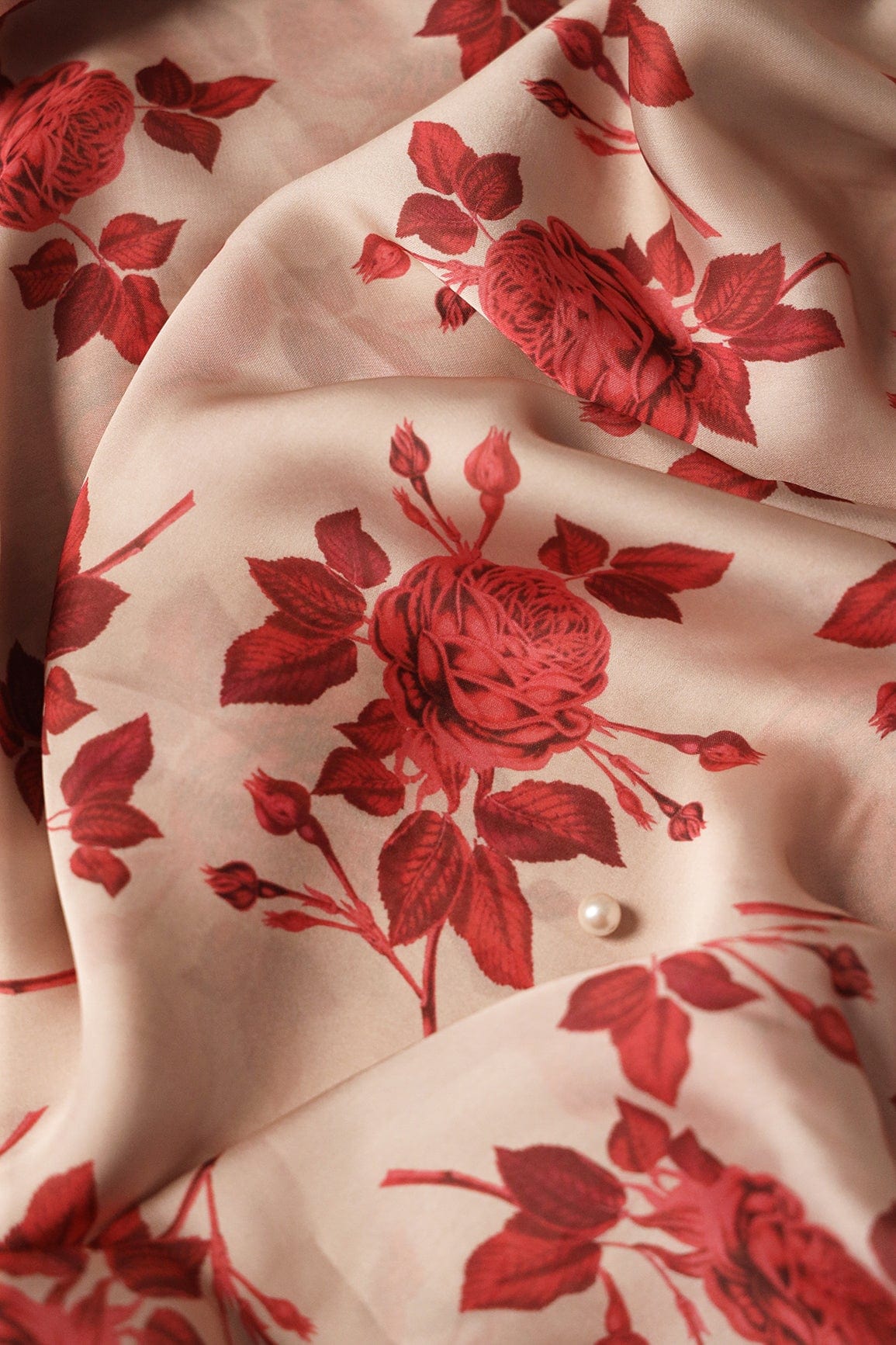 doeraa Prints Red And Light Beige Beautiful Floral Pattern Digital Print On Georgette Satin Fabric