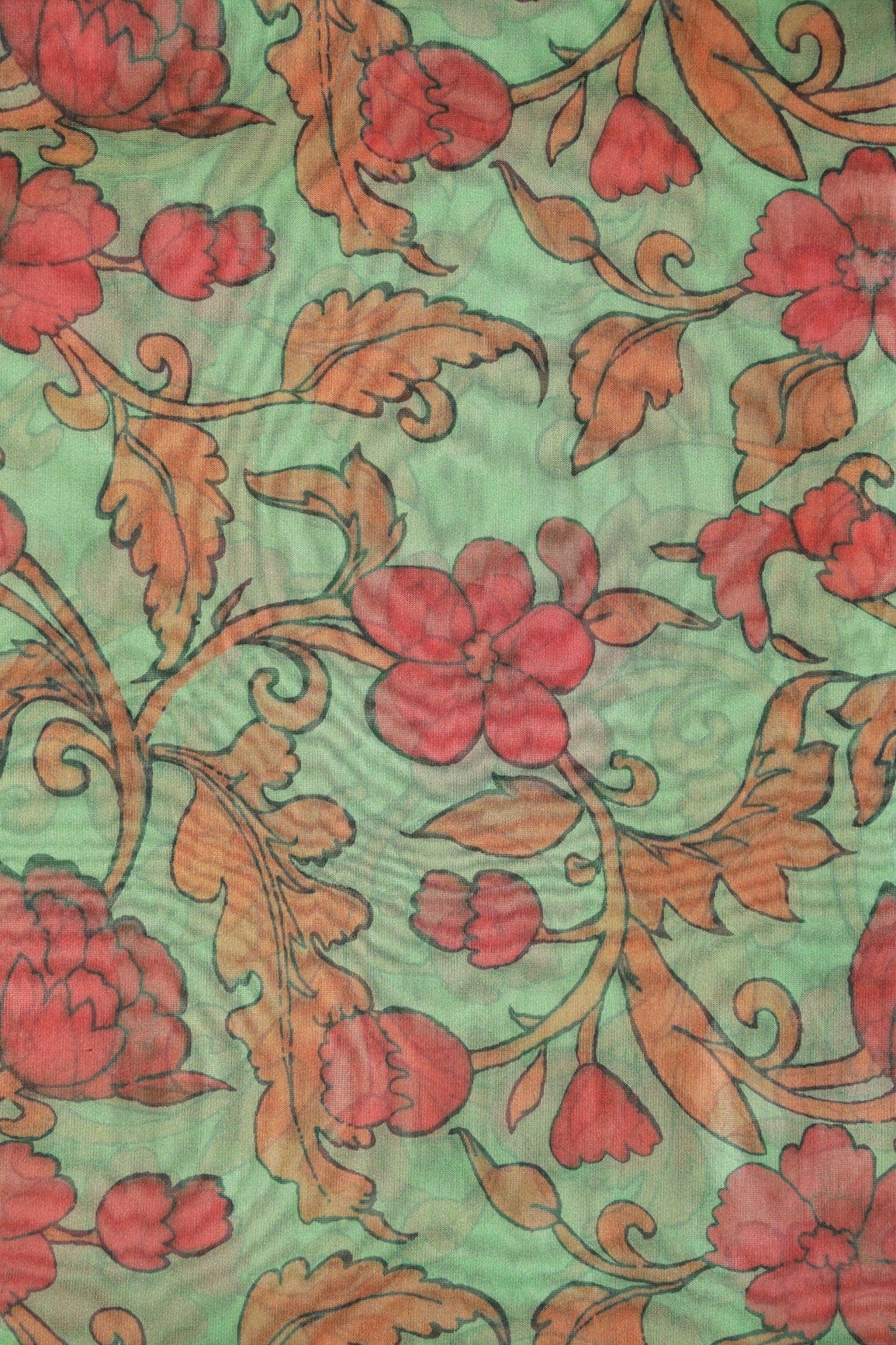 doeraa Prints Red And Orange Floral Digital Print On Sea Green Organza Fabric