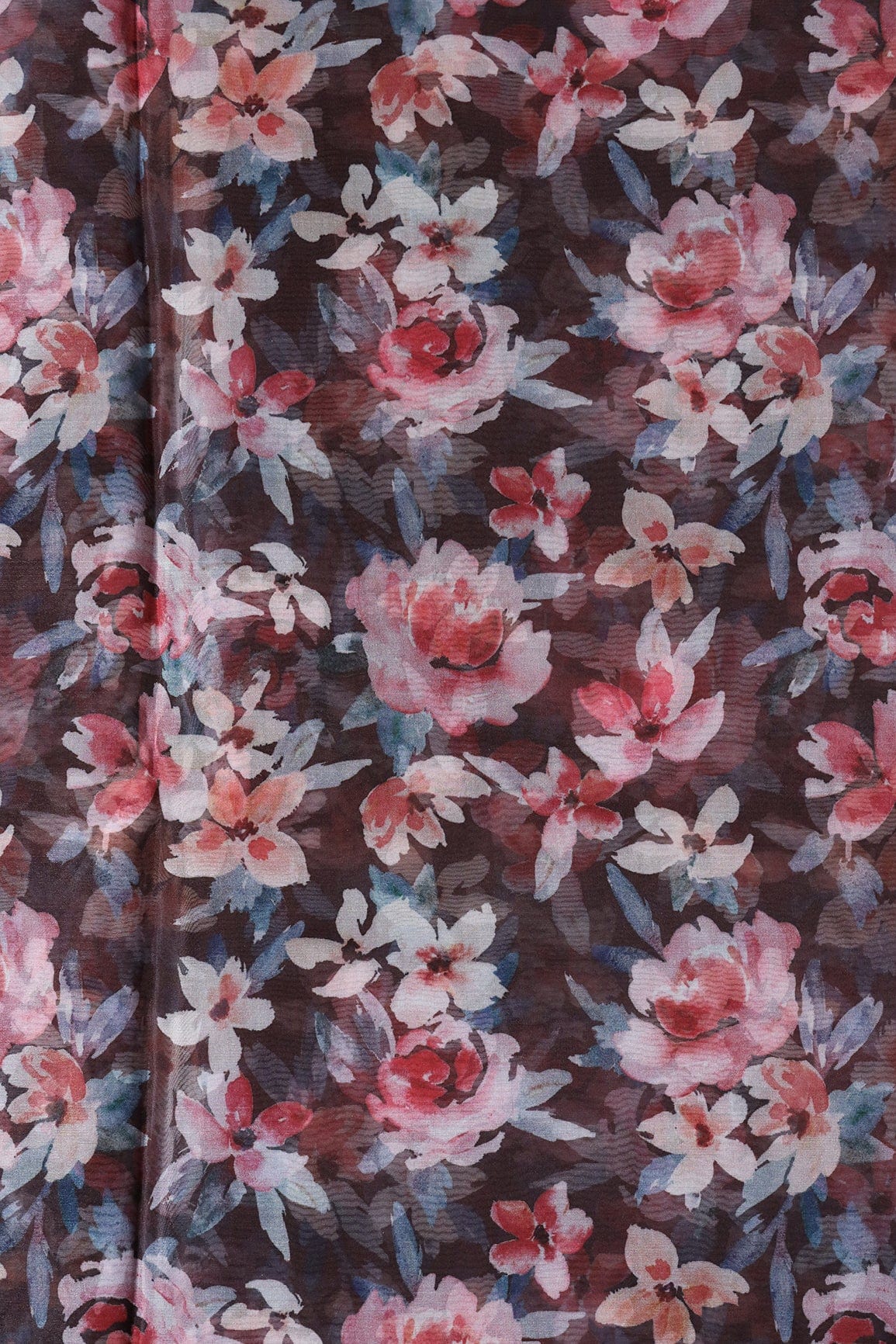 doeraa Prints Red And White Floral Digital Print On Dark Brown Organza Fabric