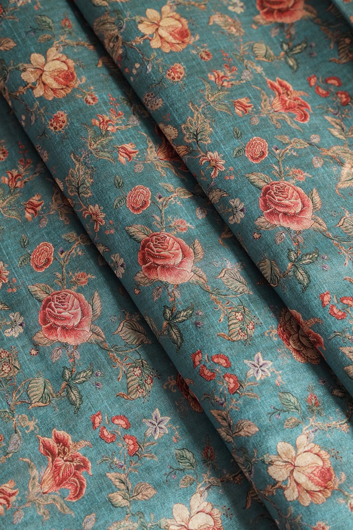 doeraa Prints Red And Yellow Attractive Floral Pattern Digital Print On Teal Blue Mulberry Silk Fabric