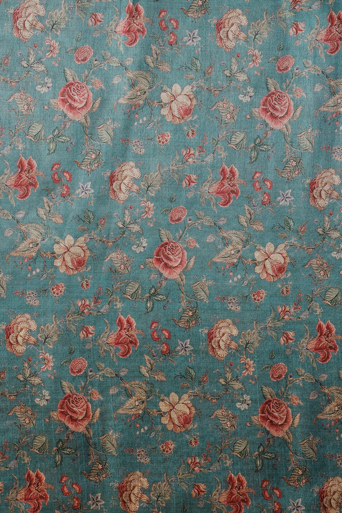 doeraa Prints Red And Yellow Attractive Floral Pattern Digital Print On Teal Blue Mulberry Silk Fabric