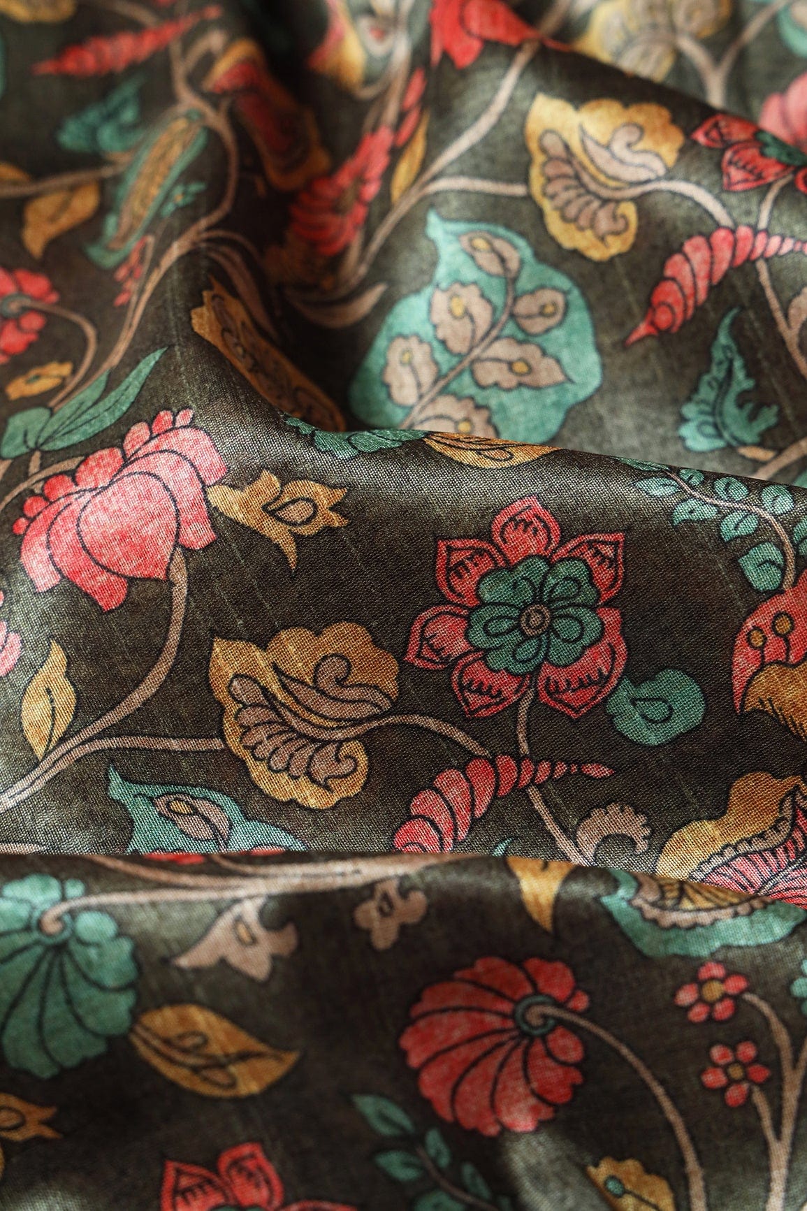 doeraa Prints Red And Yellow Floral Pattern Digital Print On Dark Olive Green Mulberry Silk Fabric
