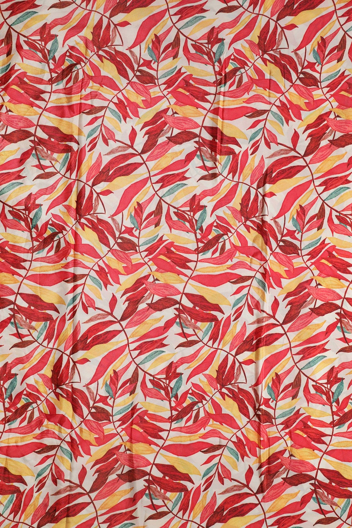 doeraa Prints Red And Yellow Leafy Pattern Digital Print On White Malai Crepe Fabric