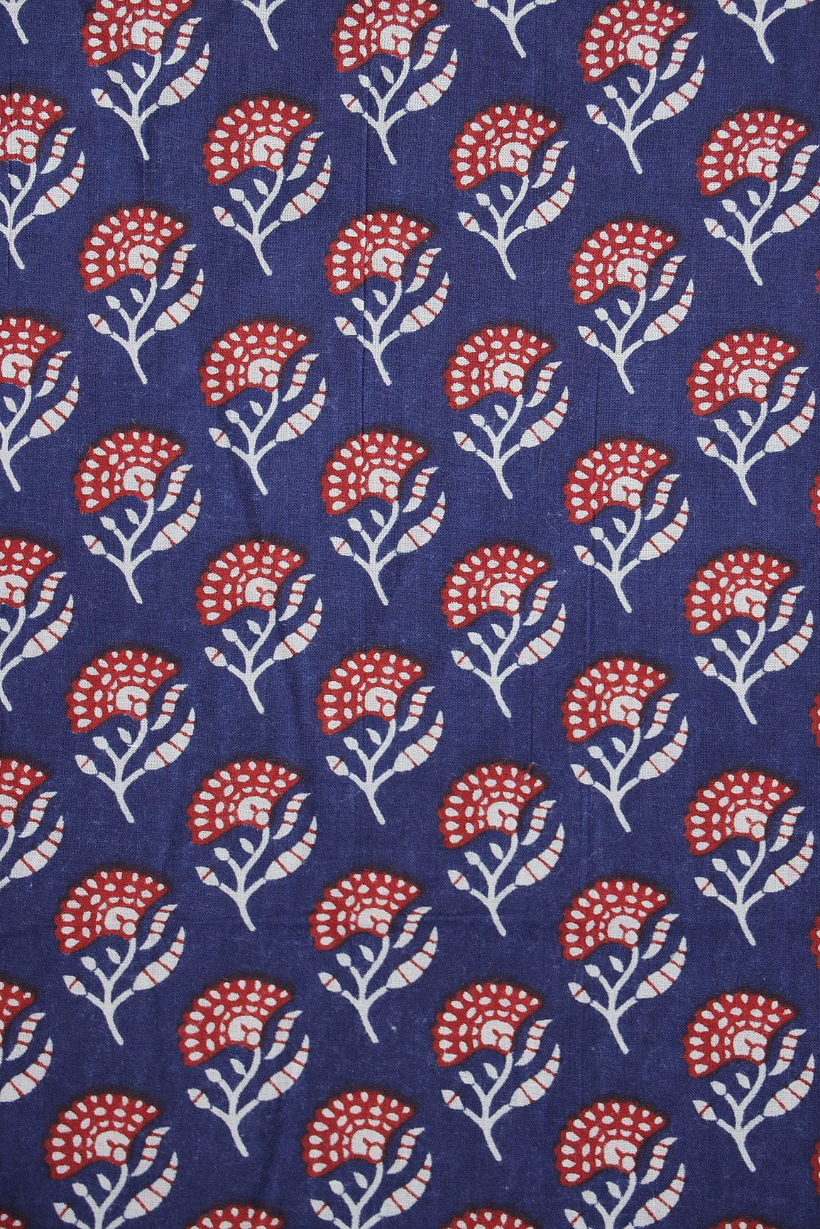 doeraa Prints Red Floral Motif Screen Print on Royal Blue organic Cotton Fabric