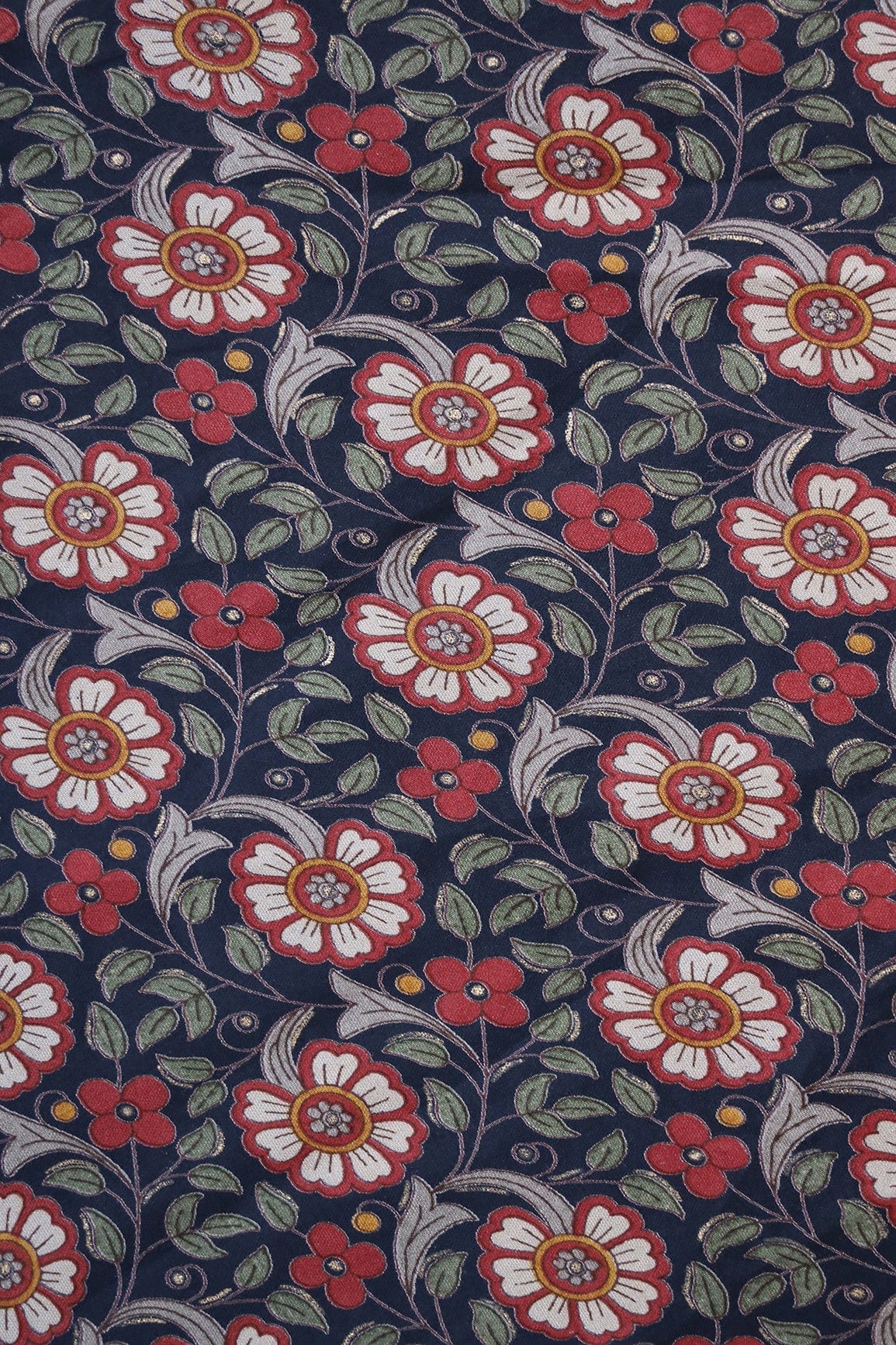 doeraa Prints Red Floral Pattern Foil Screen Print On Navy Blue Chanderi Silk Fabric