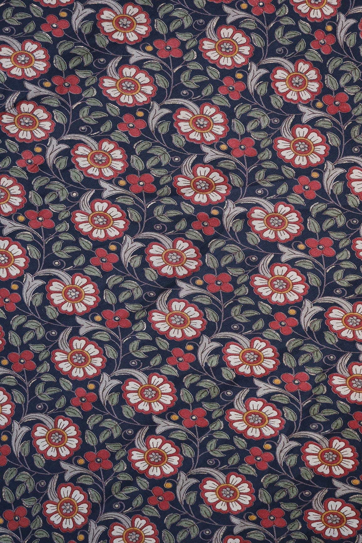 doeraa Prints Red Floral Pattern Foil Screen Print On Navy Blue Chanderi Silk Fabric