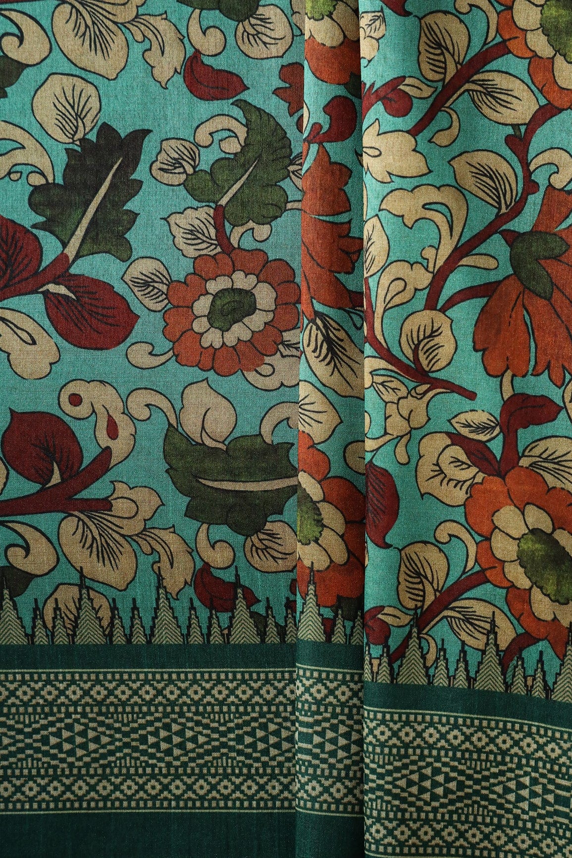 doeraa Prints Sea Green Floral Pattern Digital Print On Mulberry Silk Fabric With Border