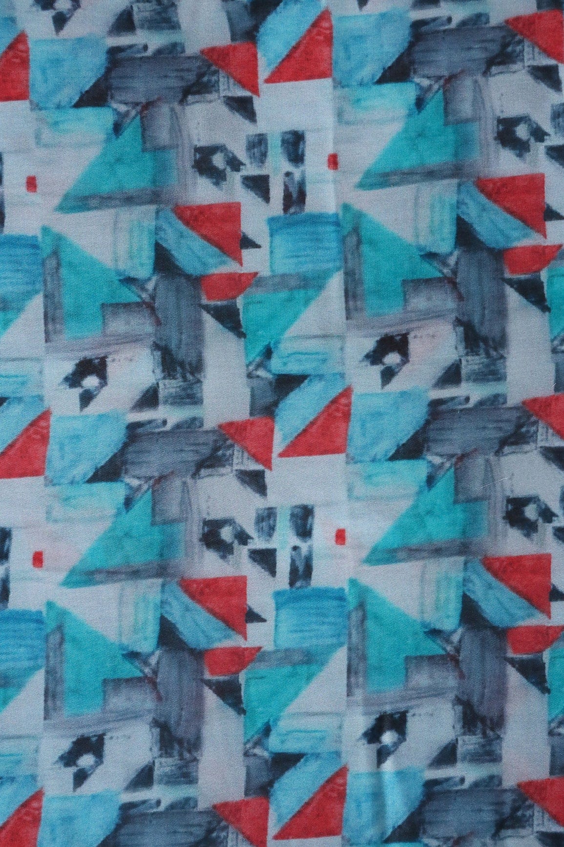 doeraa Prints Sky Blue And Red Geometric Pattern Digital Print On Georgette Satin Fabric