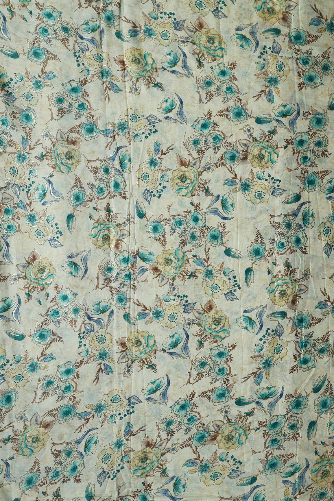 doeraa Prints Sky Blue And Yellow Floral Foil Print On Off White Pure Mul Cotton Fabric
