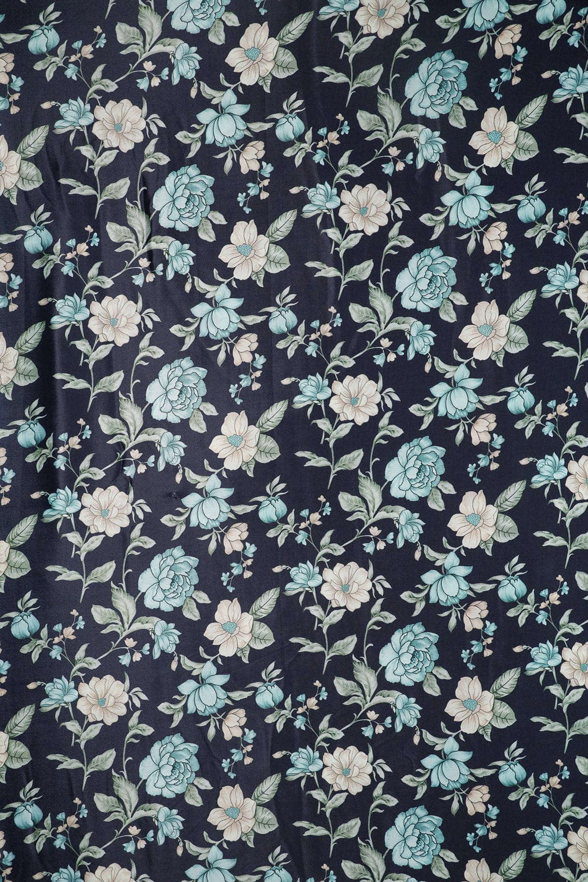 doeraa Prints Teal And Light Beige Floral Pattern Digital Print On Dark Navy Blue Malai Crepe Fabric