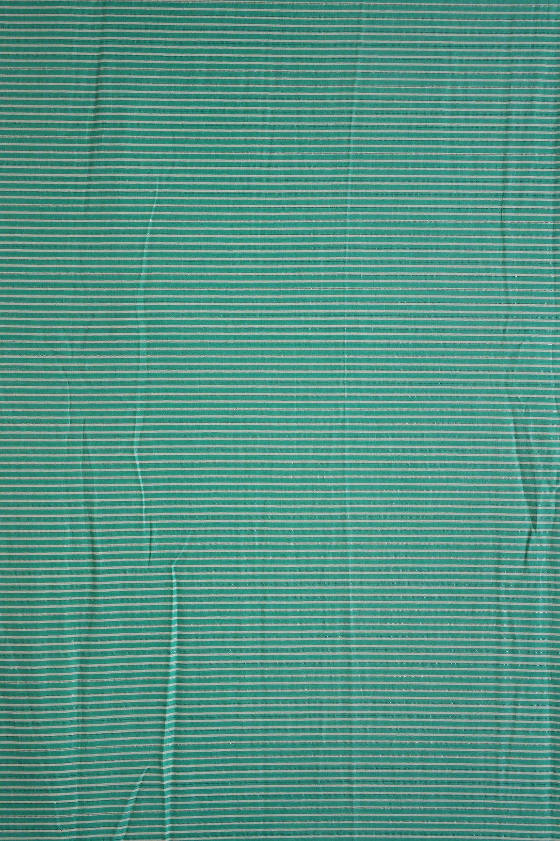 doeraa Prints Teal And White Stripes Pattern Screen Print Lurex Cotton Fabric