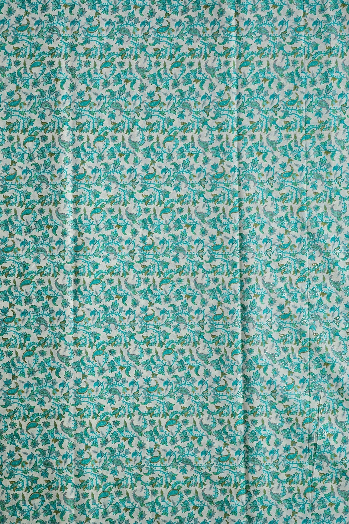 doeraa Prints Turquoise And White Paisley Foil Print On Pure Mul Cotton Fabric