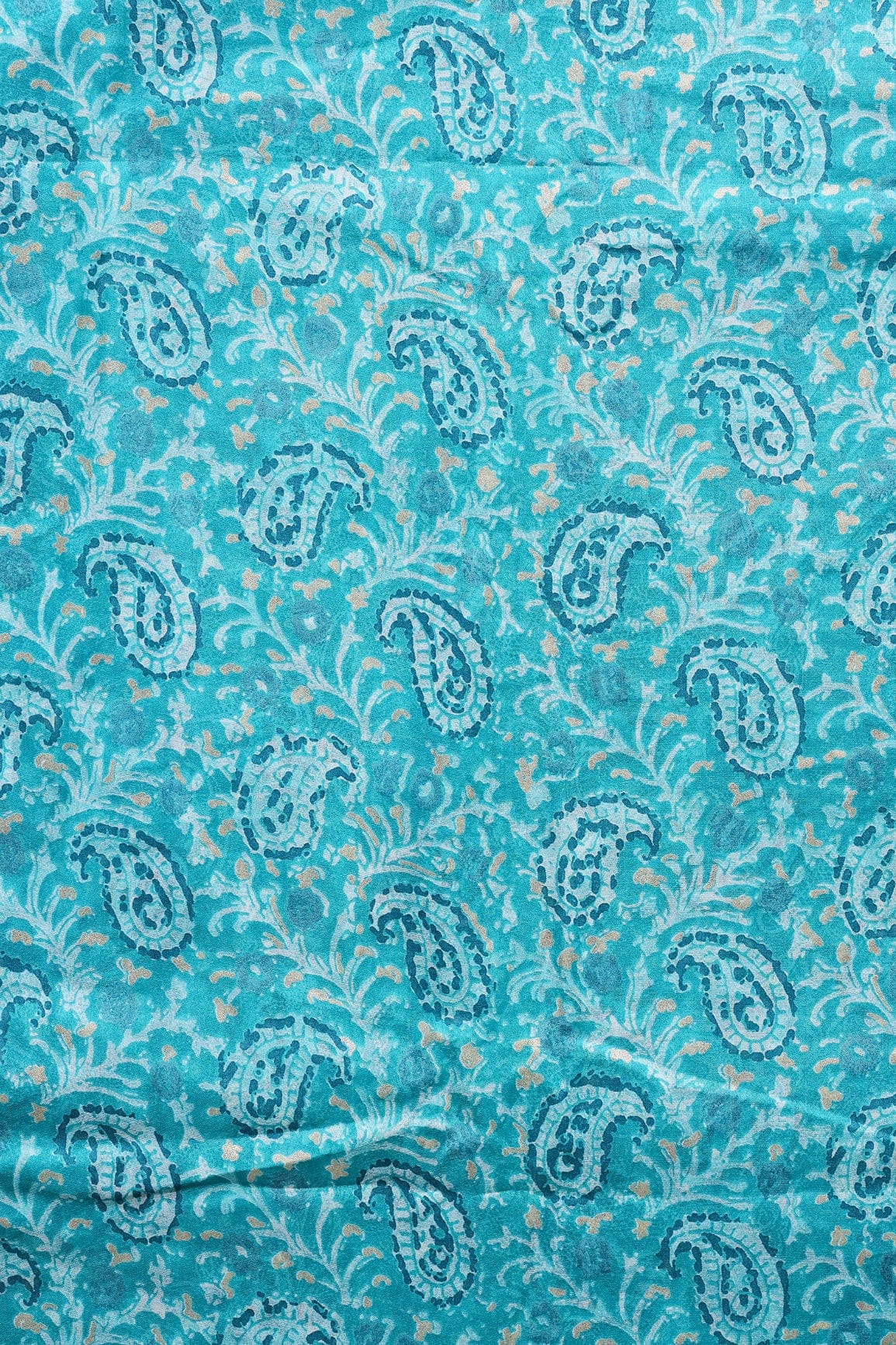 doeraa Prints Turquoise Paisley Pattern With Foil Print On Pure Mul Cotton Fabric