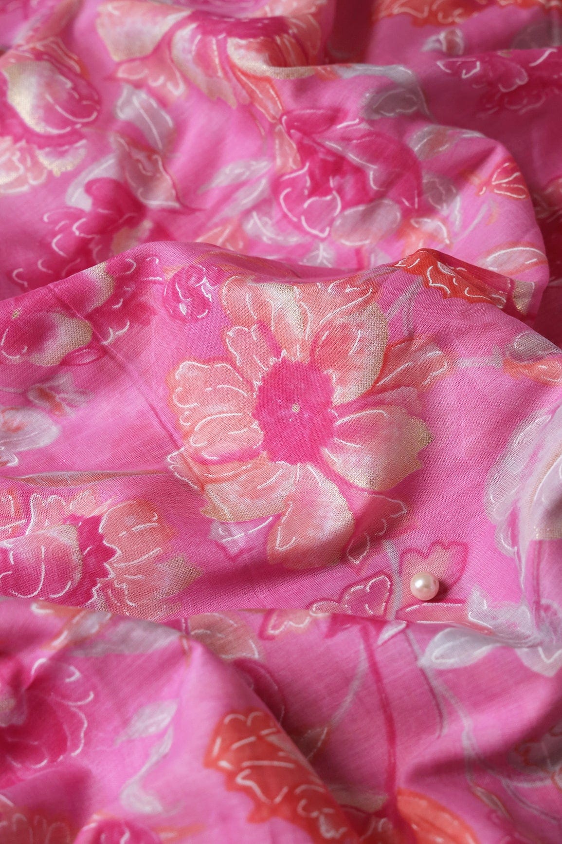 doeraa Prints Ultra Pink And Grey Floral Foil Print On Pure Mul Cotton Fabric