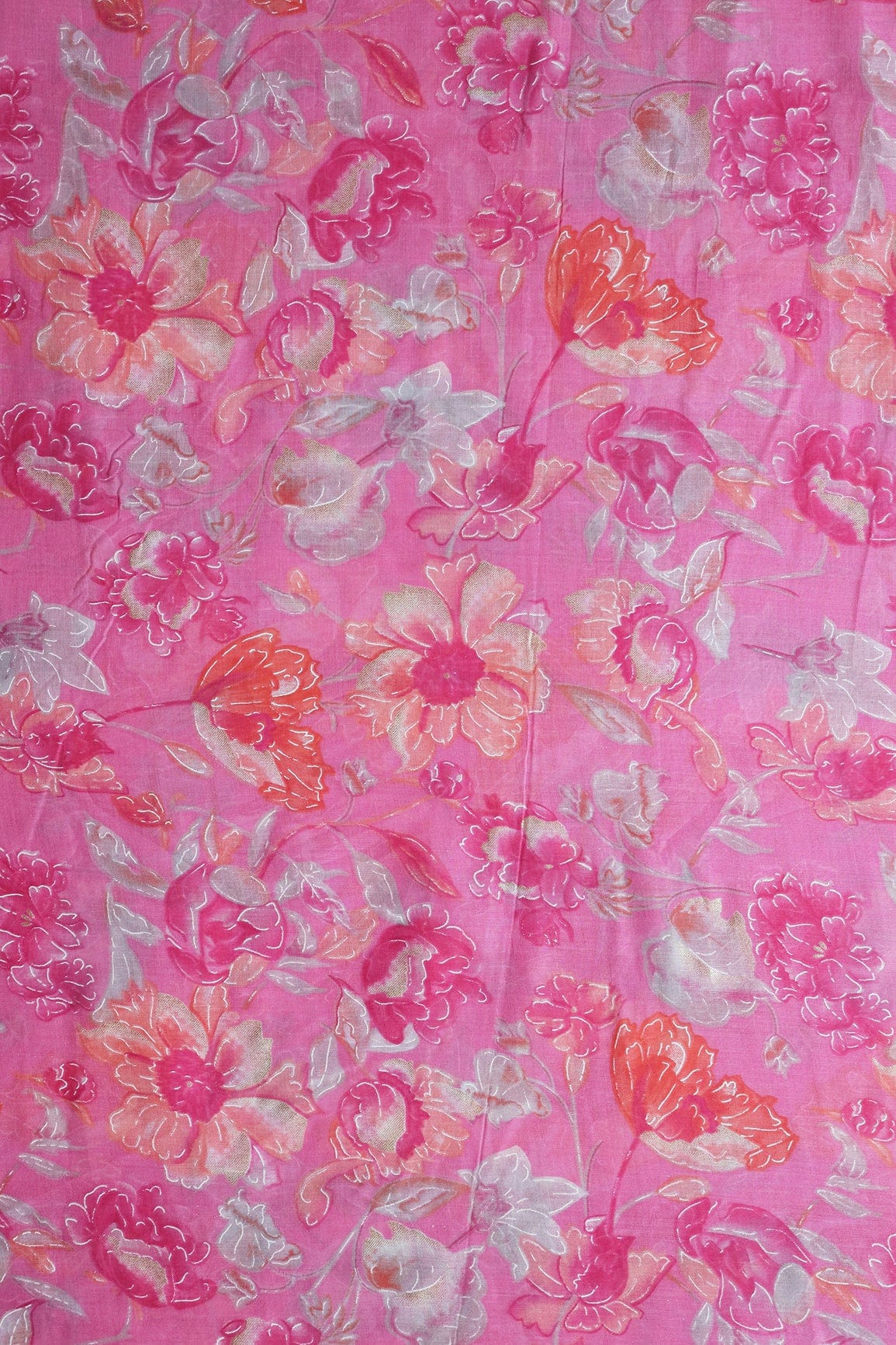 doeraa Prints Ultra Pink And Grey Floral Foil Print On Pure Mul Cotton Fabric