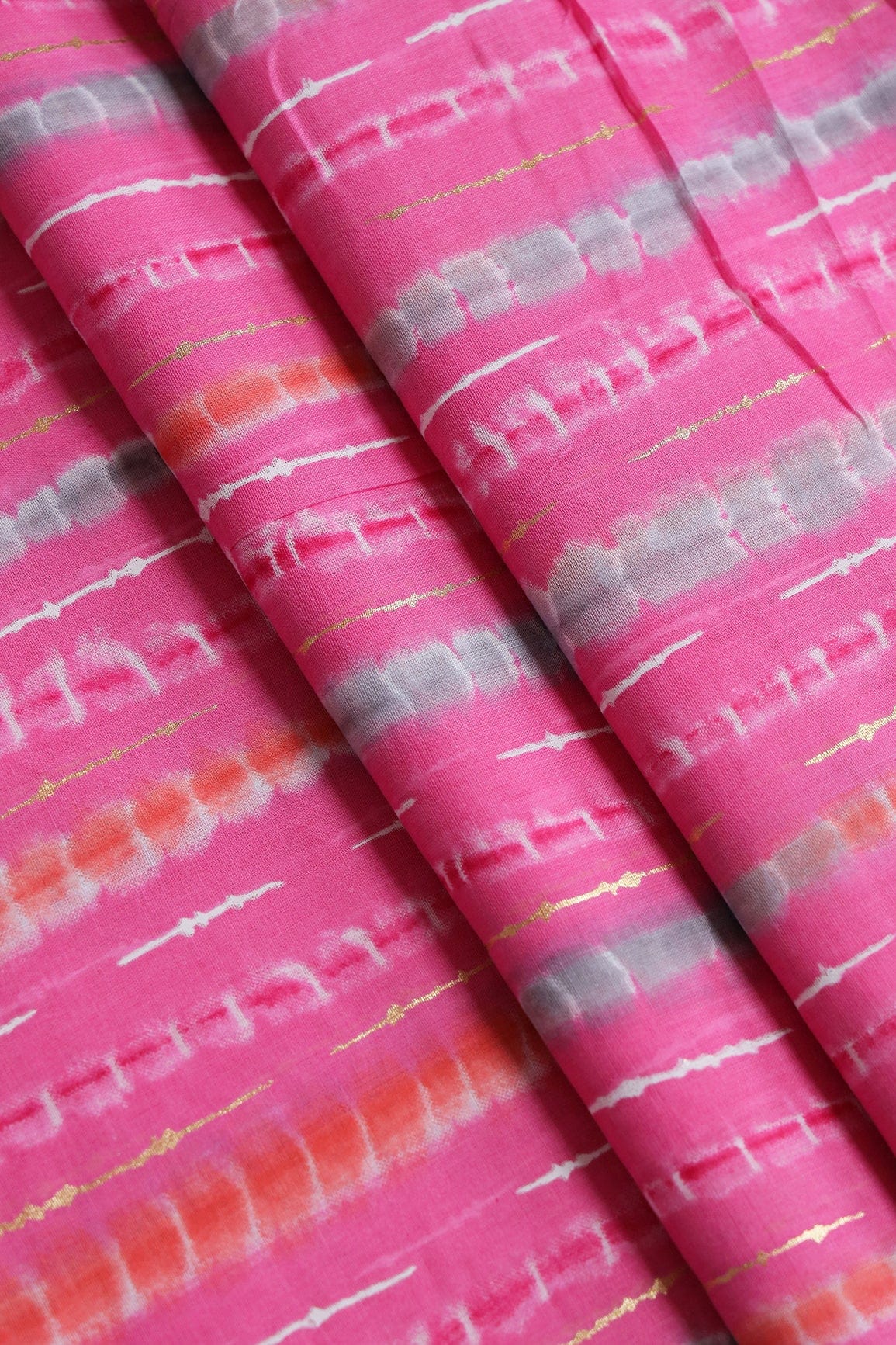 doeraa Prints Ultra Pink And Grey Stripes Pattern With Gold Foil On Pure Mul Cotton Fabric