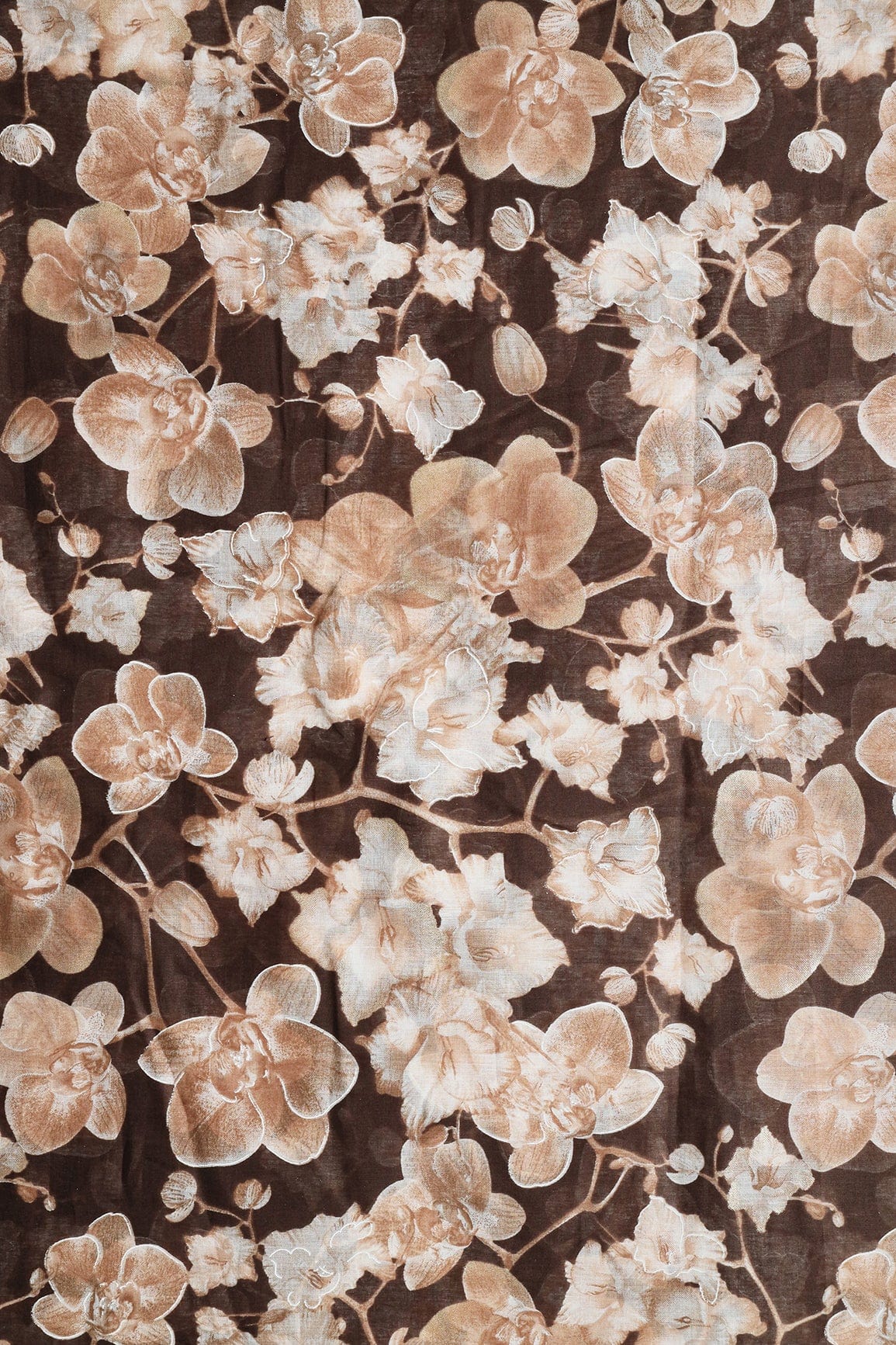 doeraa Prints White And Beige Floral Foil Print On Brown Pure Mul Cotton Fabric