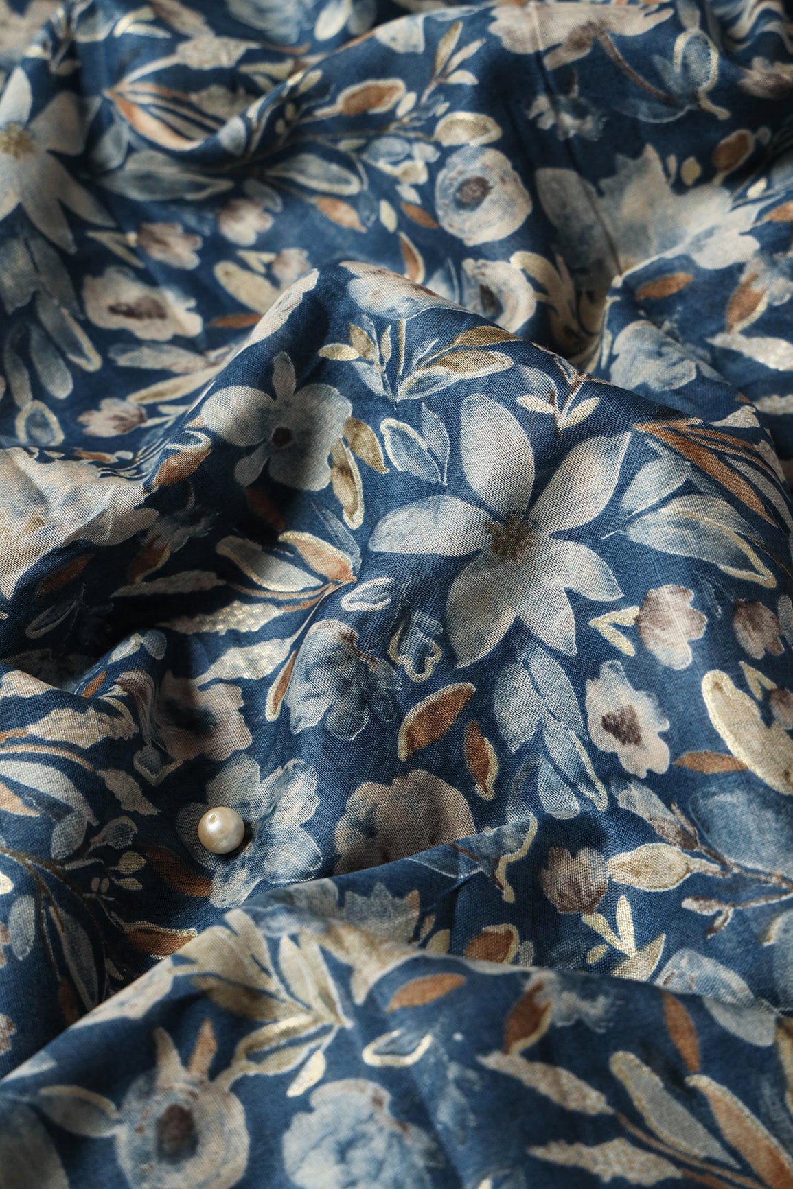 doeraa Prints White And Blue Floral Foil Print On Yale Blue Pure Mul Cotton Fabric