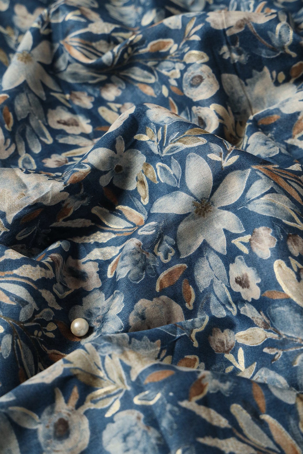 doeraa Prints White And Blue Floral Foil Print On Yale Blue Pure Mul Cotton Fabric